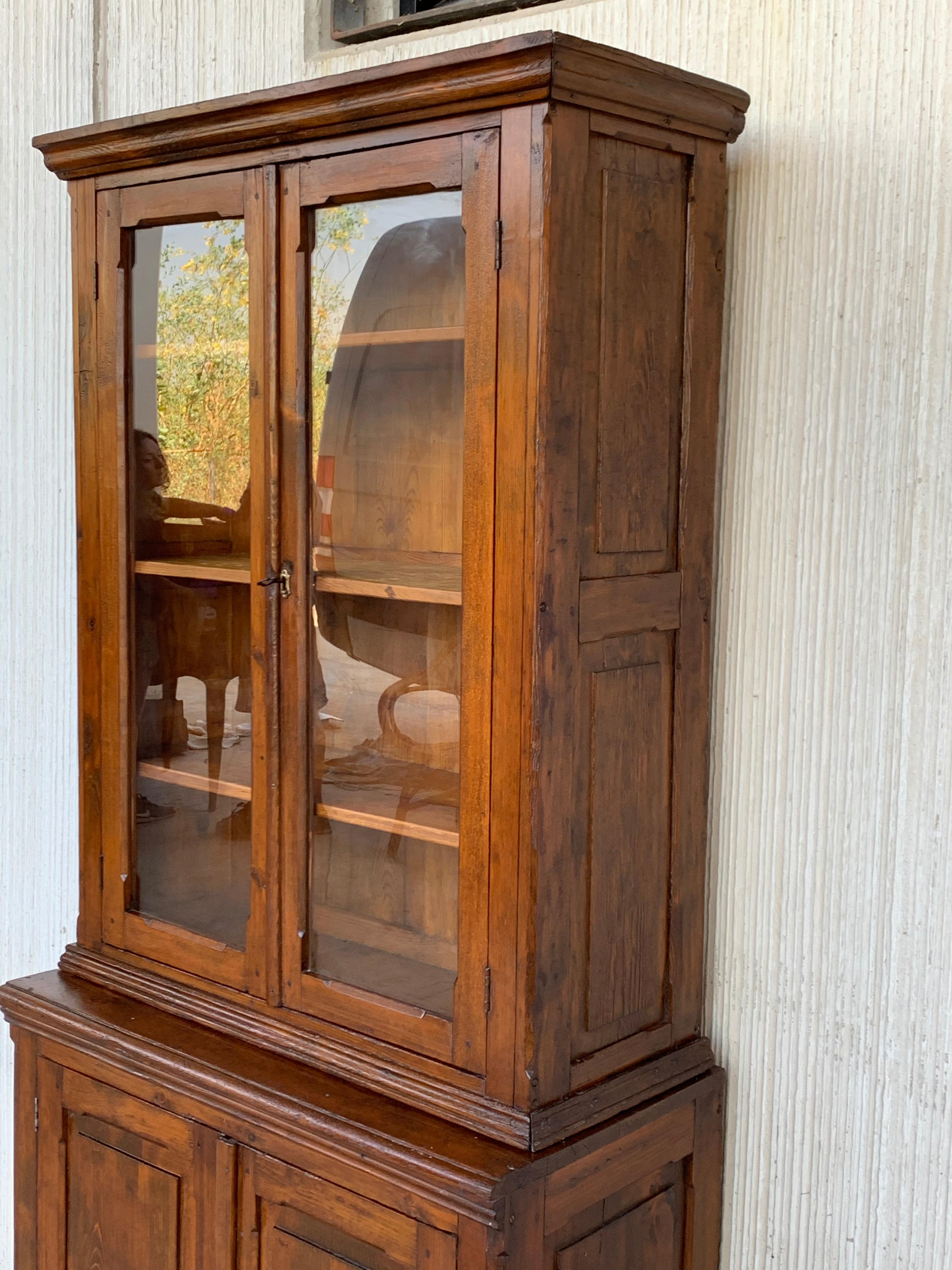 19th Century Spanish Vitrine, Bookcase Tallboy Cabinet with Glass Doors In Good Condition In Miami, FL