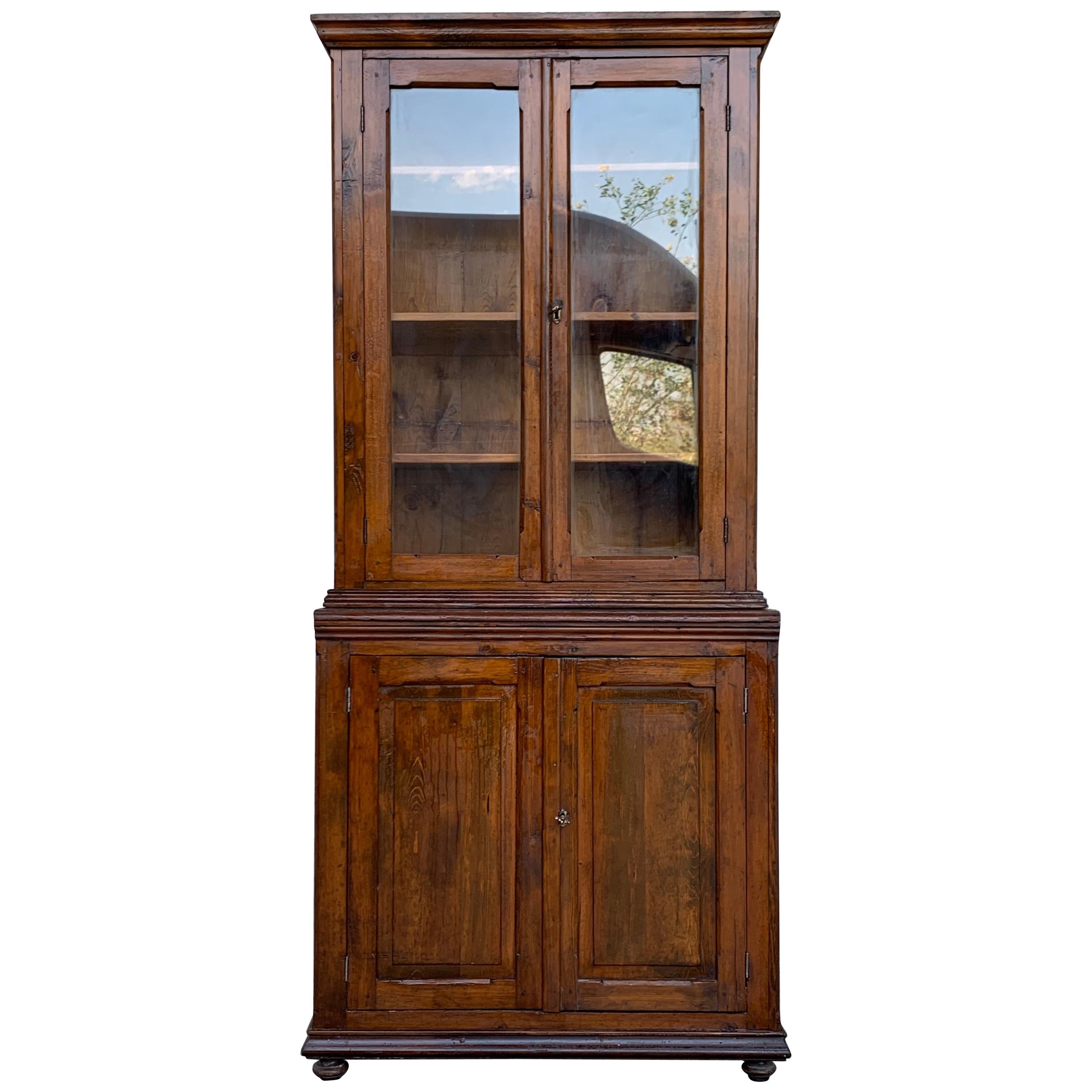 19th Century Spanish Vitrine, Bookcase Tallboy Cabinet with Glass Doors