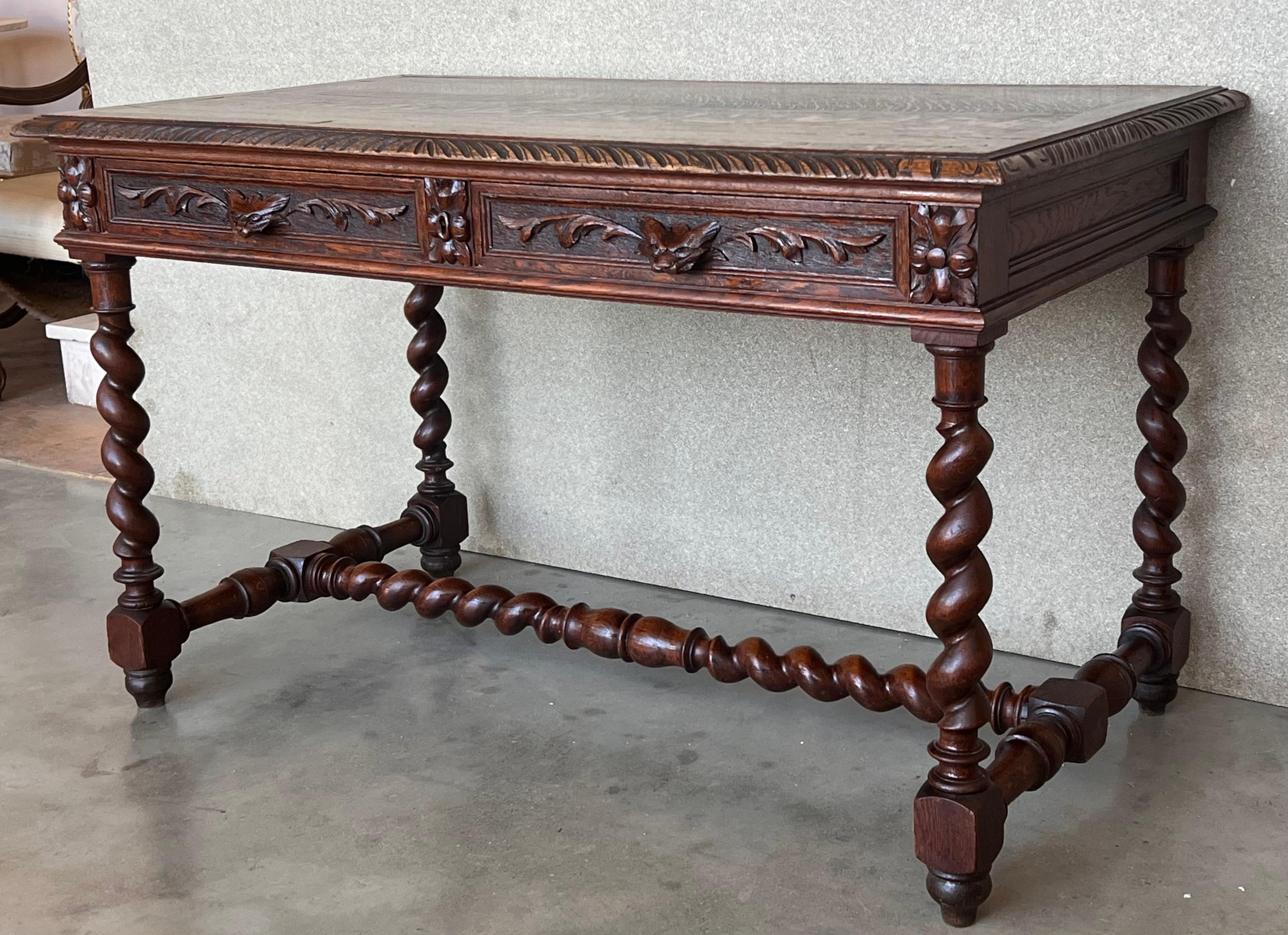 19th Spanish walnut desk or console table with two drawers and solomonic turning legs and solomonic stretcher.


Height to the floor to the drawers 24.21 in.
 
