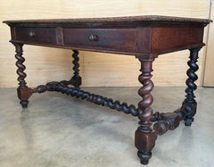 19th Spanish Walnut Desk or Console Table with Two Drawers & Solomonic Legs