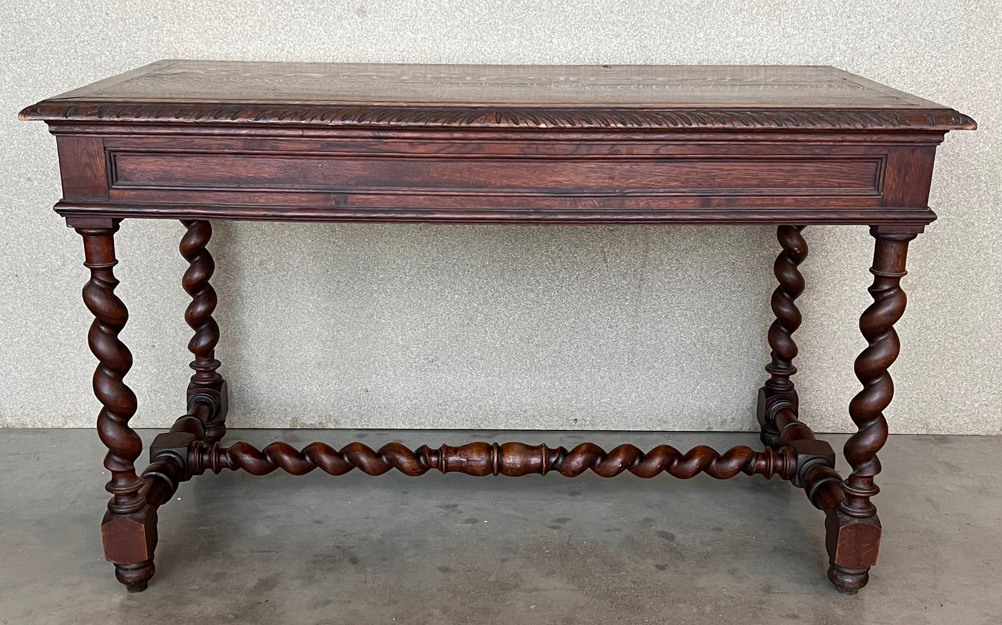 Baroque 19th Spanish Walnut Desk or Console Table with Two Drawers & Solomonic Legs