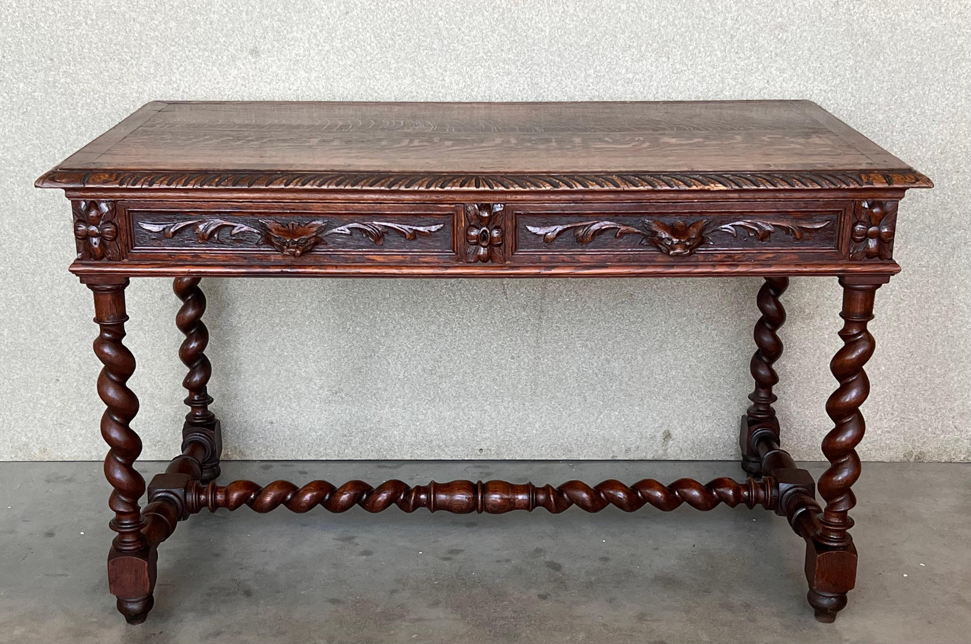 19th Spanish Walnut Desk or Console Table with Two Drawers & Solomonic Legs In Good Condition In Miami, FL