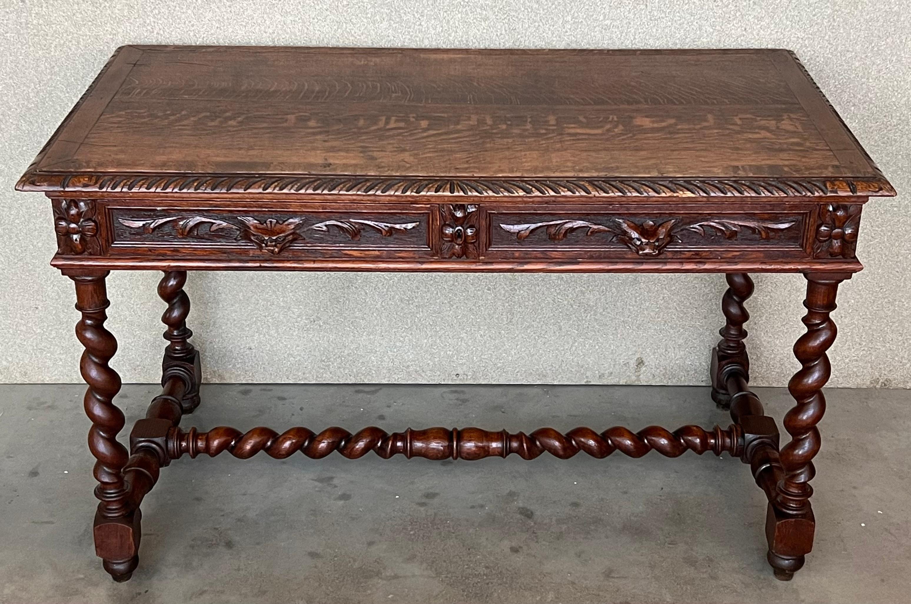 Late 19th Century 19th Spanish Walnut Desk or Console Table with Two Drawers & Solomonic Legs