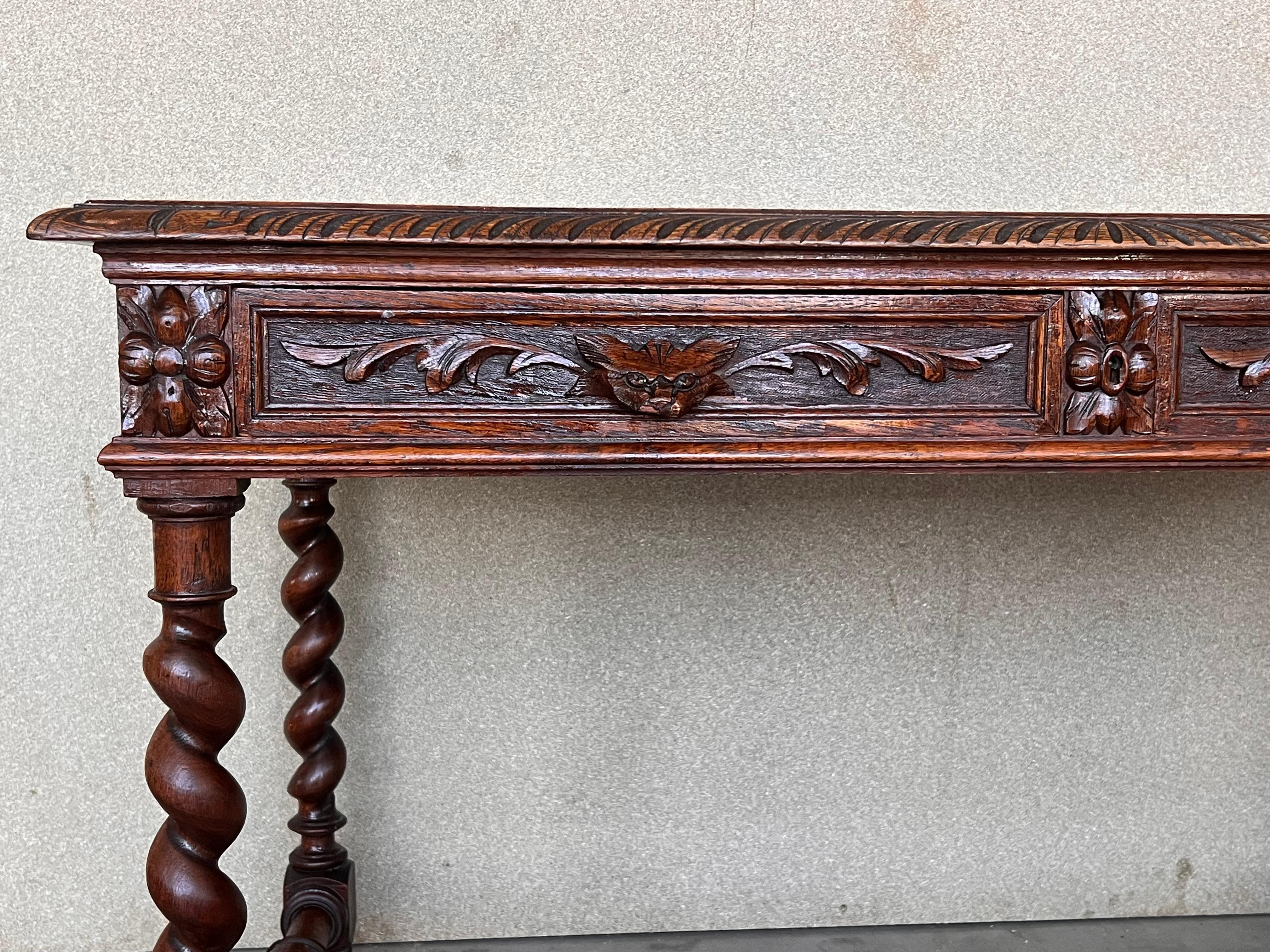 19th Spanish Walnut Desk or Console Table with Two Drawers & Solomonic Legs 2