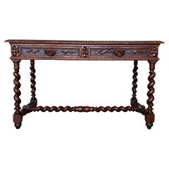 19th Spanish Walnut Desk or Console Table with Two Drawers & Solomonic Legs
