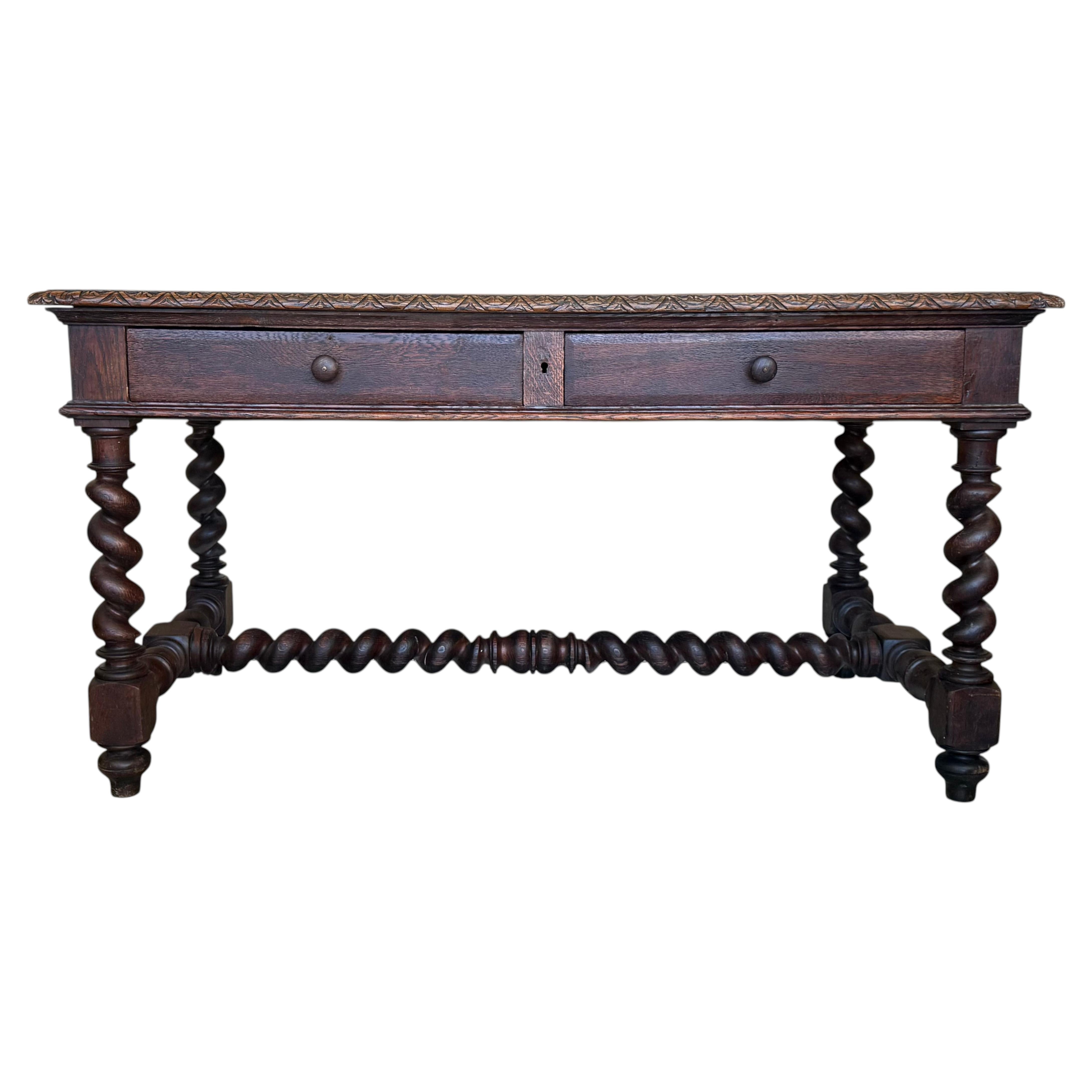 19th Spanish Walnut Desk or Console Table with Two Drawers & Solomonic Legs