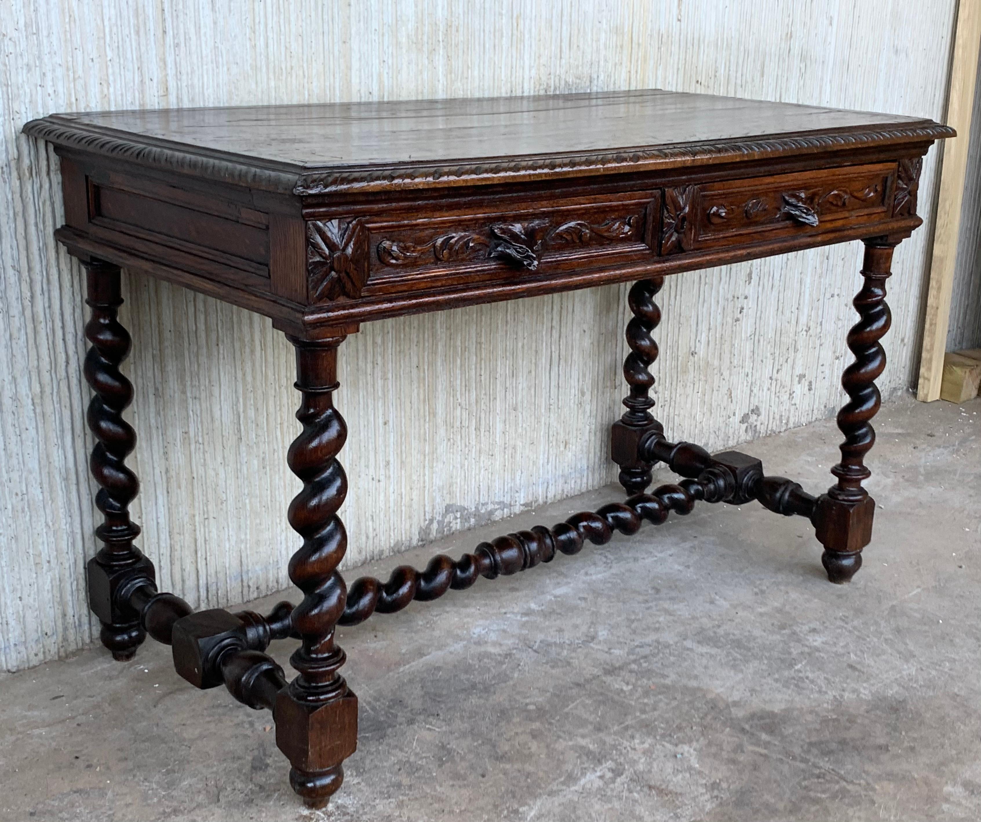 Baroque 19th Spanish Walnut Desk or Console with Two Drawers and Solomonic Turning Legs