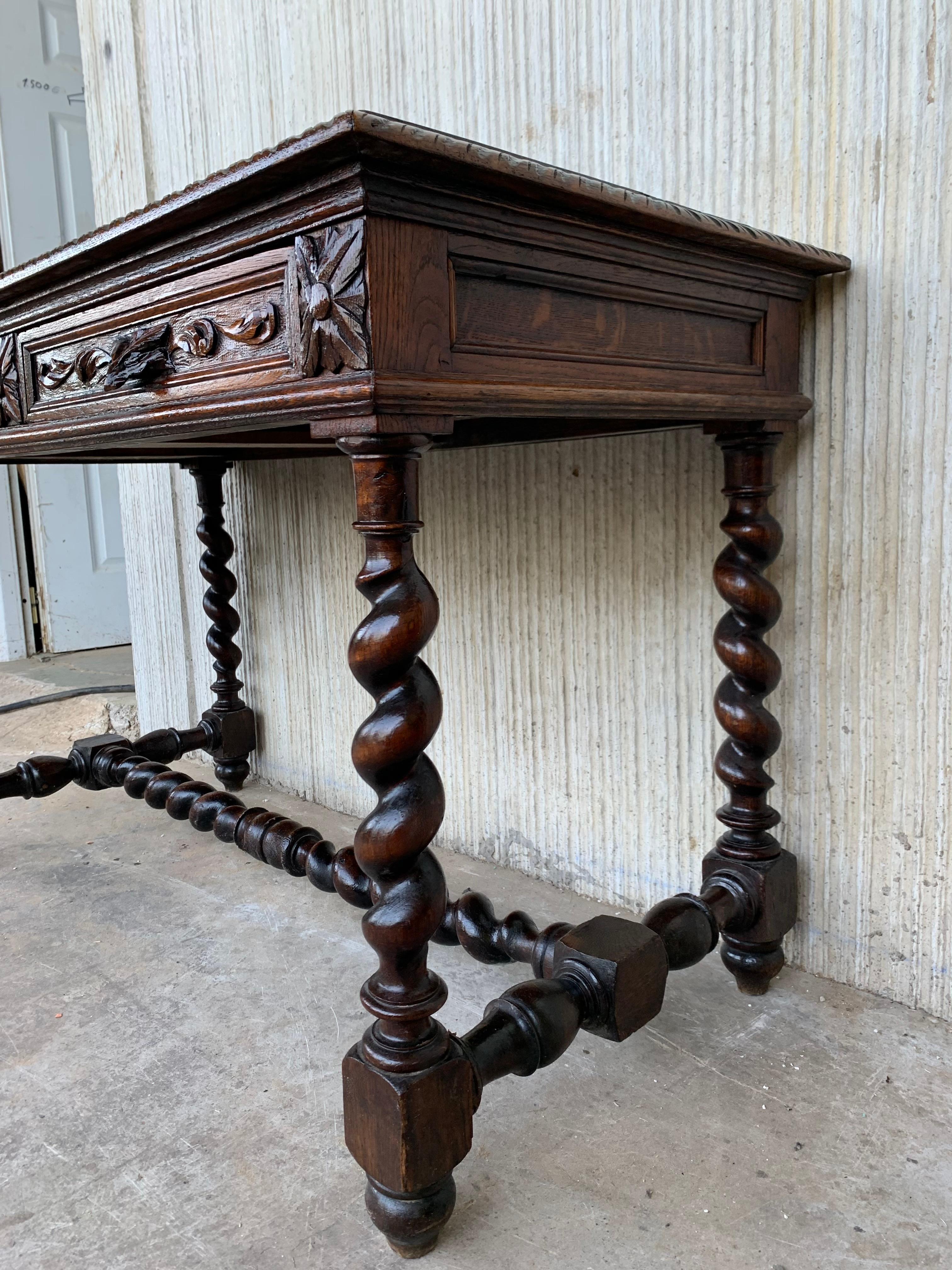 Iron 19th Spanish Walnut Desk or Console with Two Drawers and Solomonic Turning Legs
