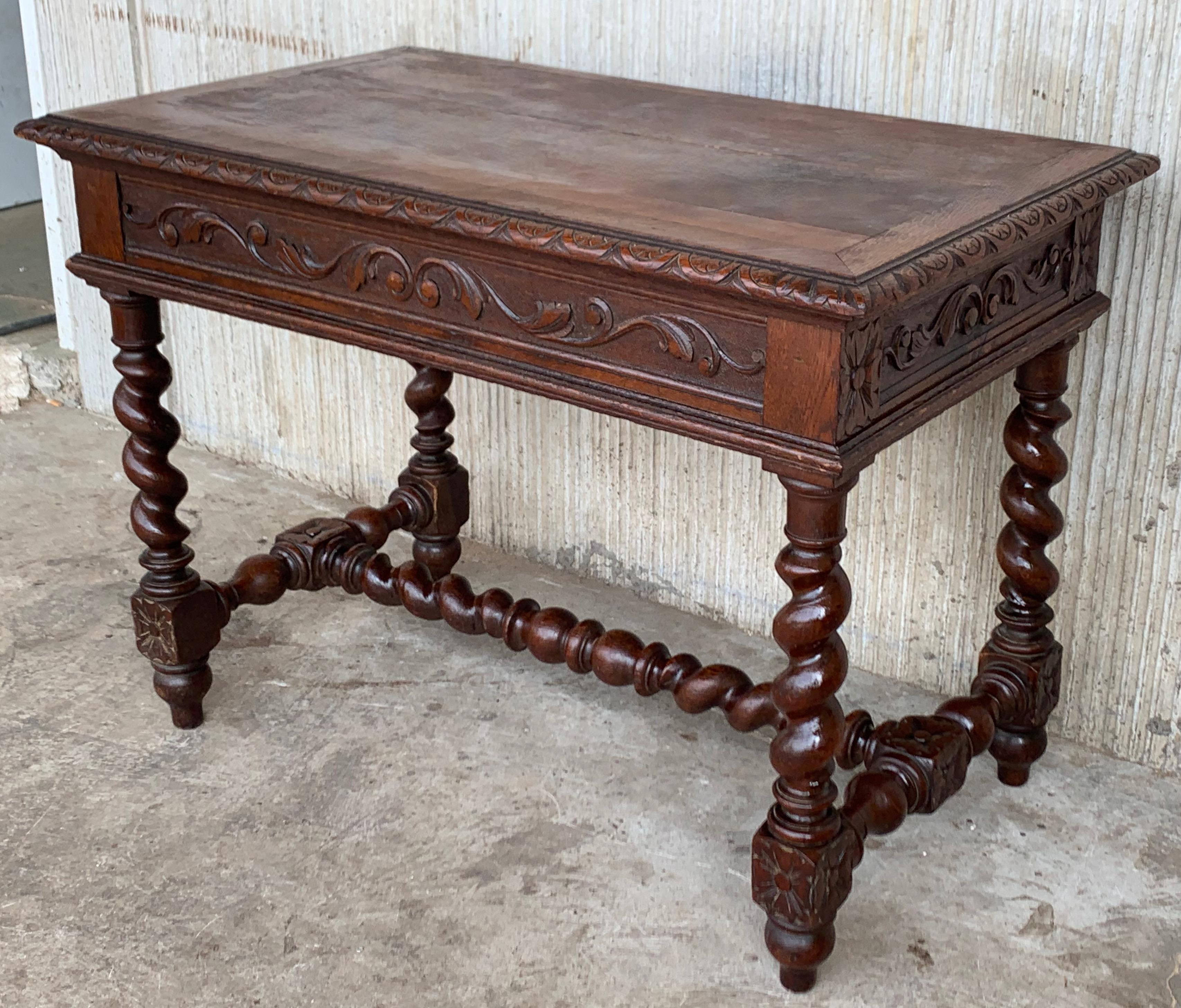 French 19th Spanish Walnut Desk with Two Drawers and Solomonic Turning Legs For Sale