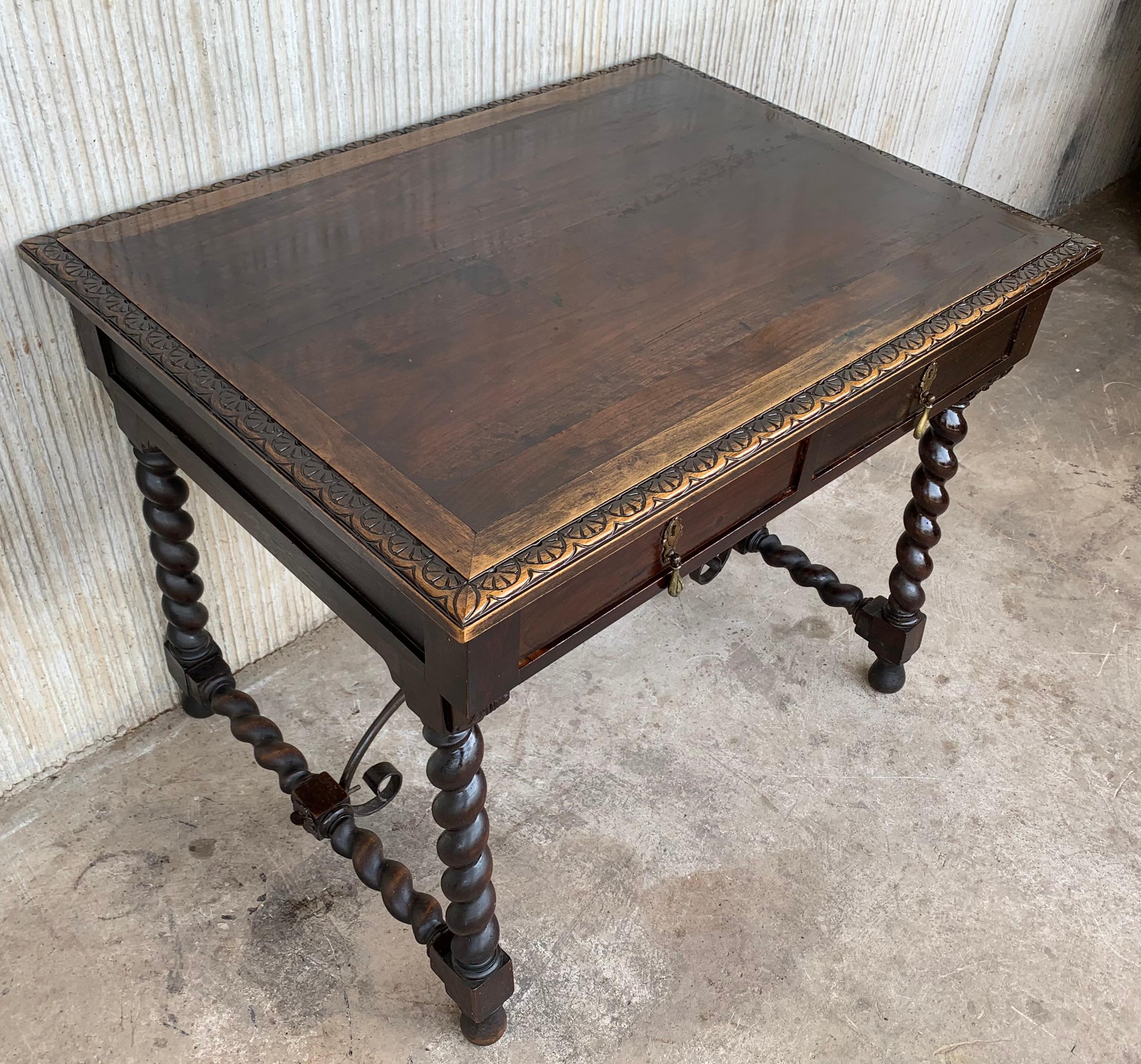 Iron 19th Spanish Walnut Desk with Two Drawers and Solomonic Turning Legs For Sale