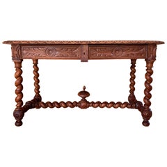 19th Spanish Walnut  Desk with Two Drawers and Solomonic Turning Legs