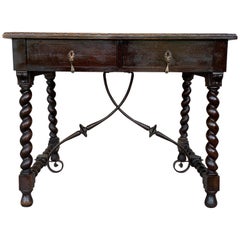 19th Spanish Walnut Desk with Two Drawers and Solomonic Turning Legs