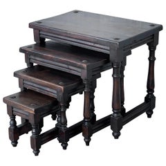 Antique 19th Spanish Walnut Nesting Side Tables with Tacks on the Top