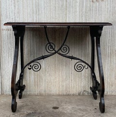 19th Spanish Walnut Side Table with Lyre Legs, Beleveled Top and Iron Stretcher