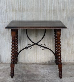19th Spanish Walnut Side Table with Lyre Legs, Beleveled Top and Iron Stretcher