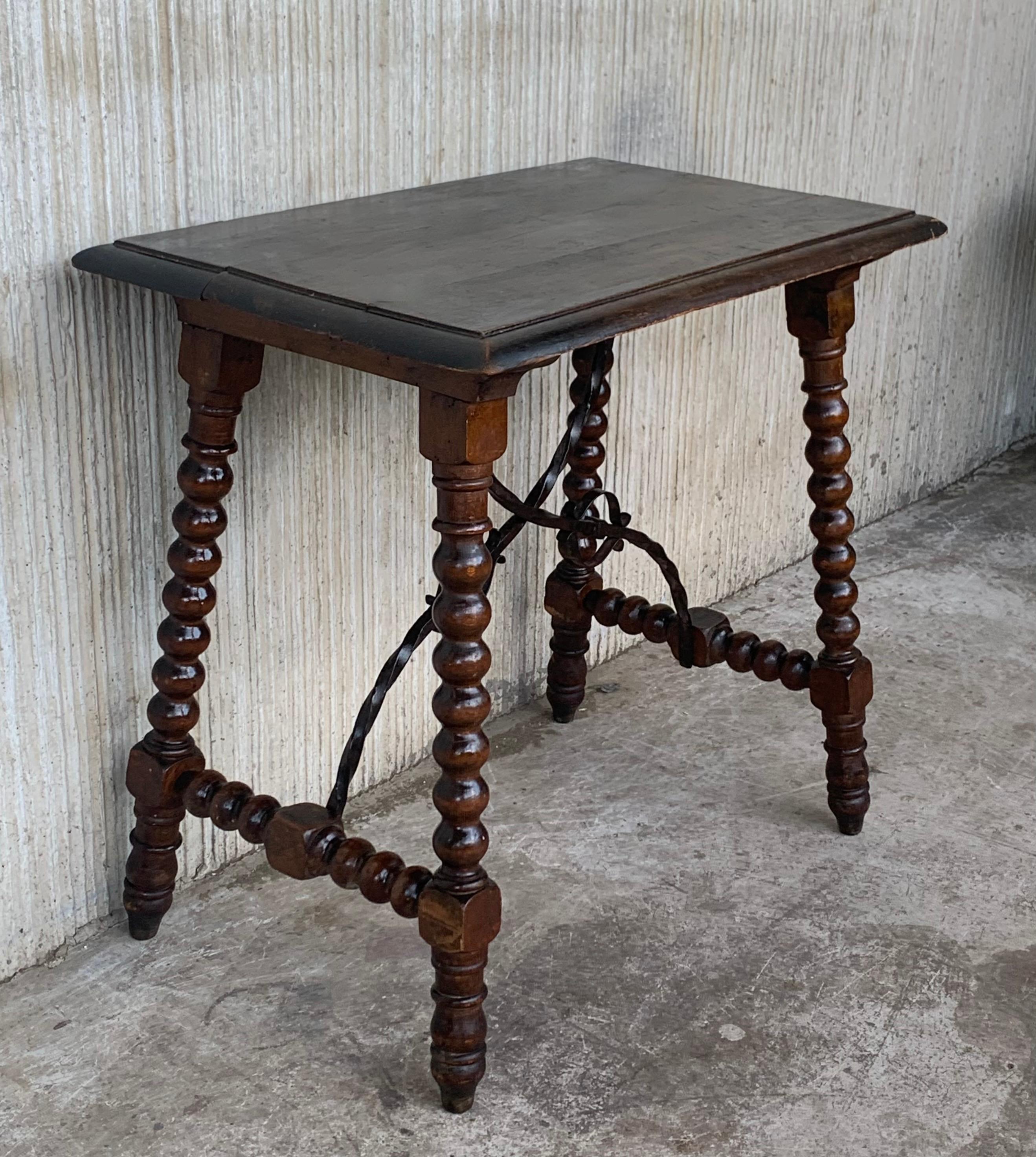 Carved 19th Spanish Walnut Side Table with Lyre Legs, Beleveled Top and Iron Stretcher For Sale