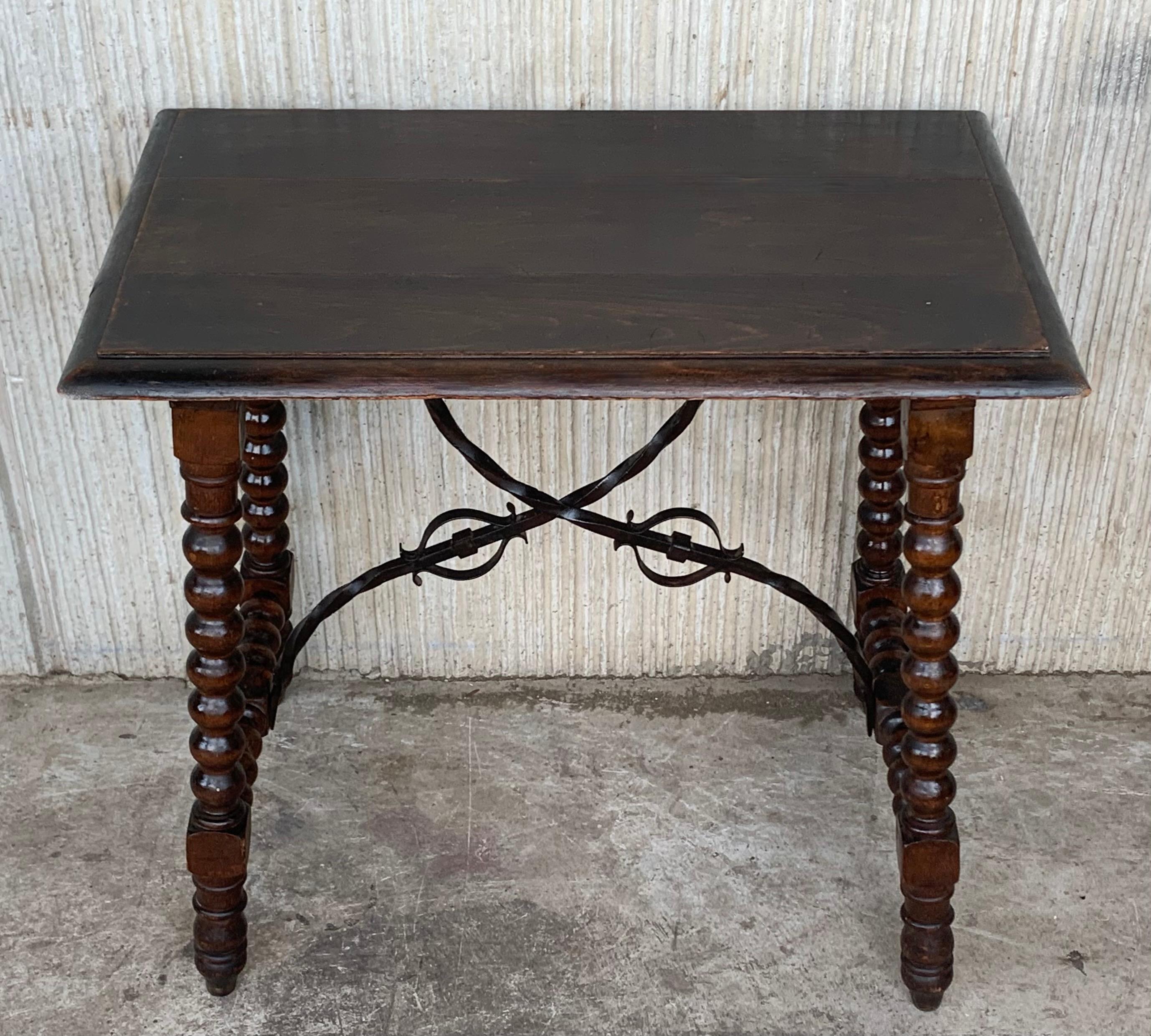19th Spanish Walnut Side Table with Lyre Legs, Beleveled Top and Iron Stretcher In Good Condition For Sale In Miami, FL