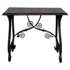 19th Spanish Walnut Side Table with Lyre Legs, Beleveled Top and Iron Stretcher