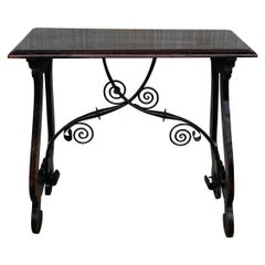 Antique 19th Spanish Walnut Side Table with Lyre Legs, Beleveled Top and Iron Stretcher
