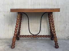 19th Spanish Walnut Side Table with Lyre Legs, Flat Top and Iron Stretcher