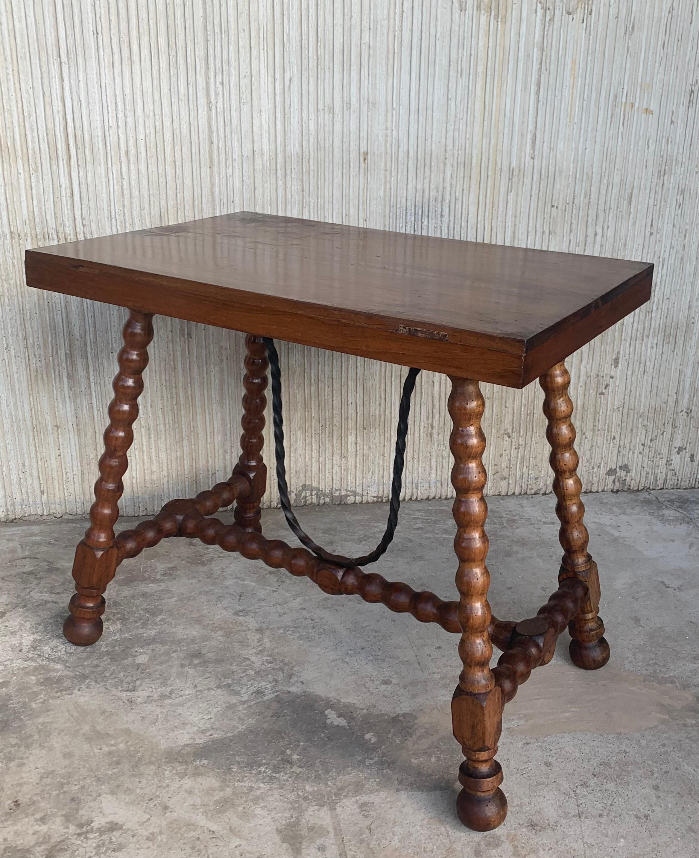 Carved 19th Spanish Walnut Side Table with Lyre Legs, Flat Top and Iron Stretcher For Sale