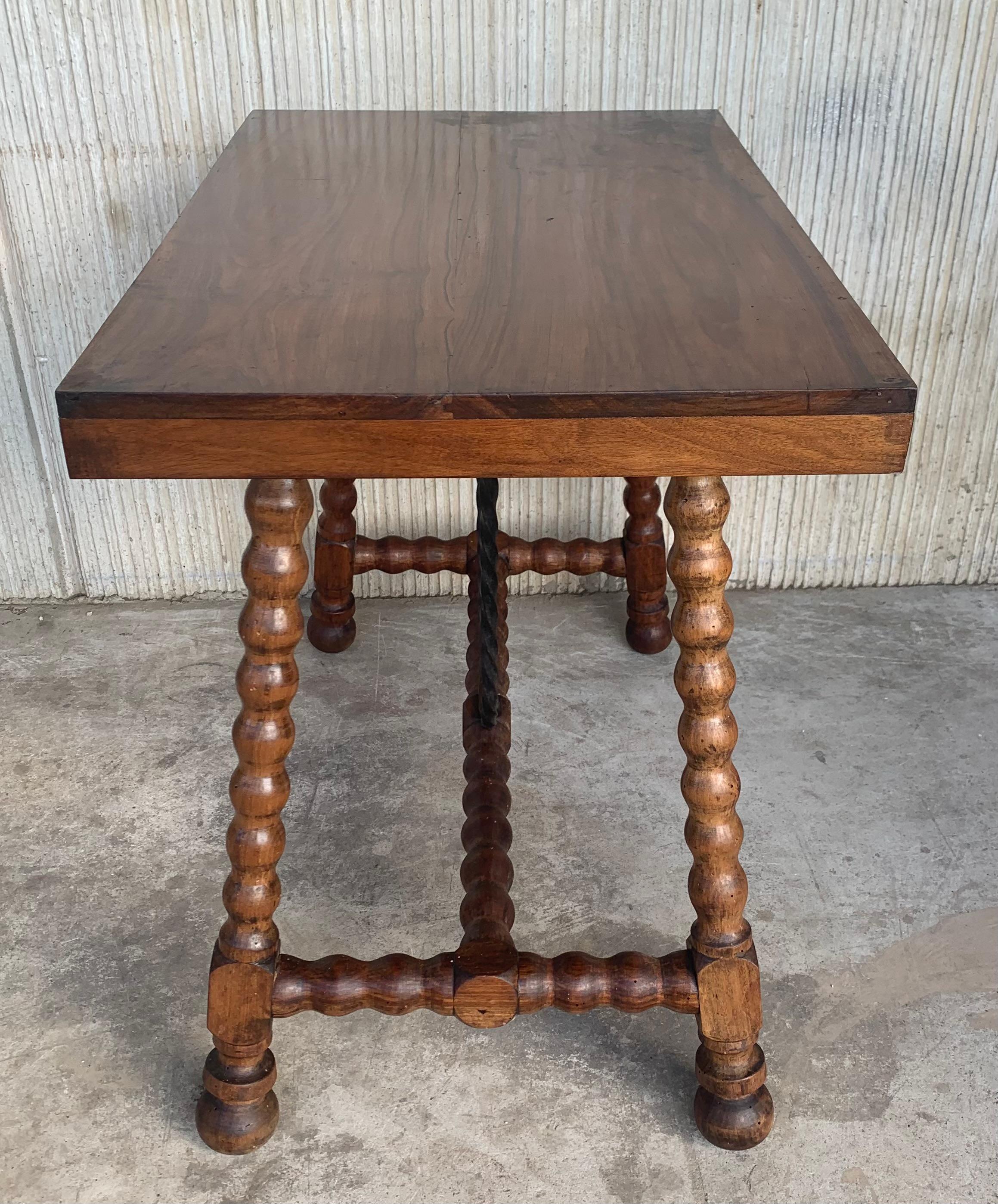 19th Century 19th Spanish Walnut Side Table with Lyre Legs, Flat Top and Iron Stretcher For Sale