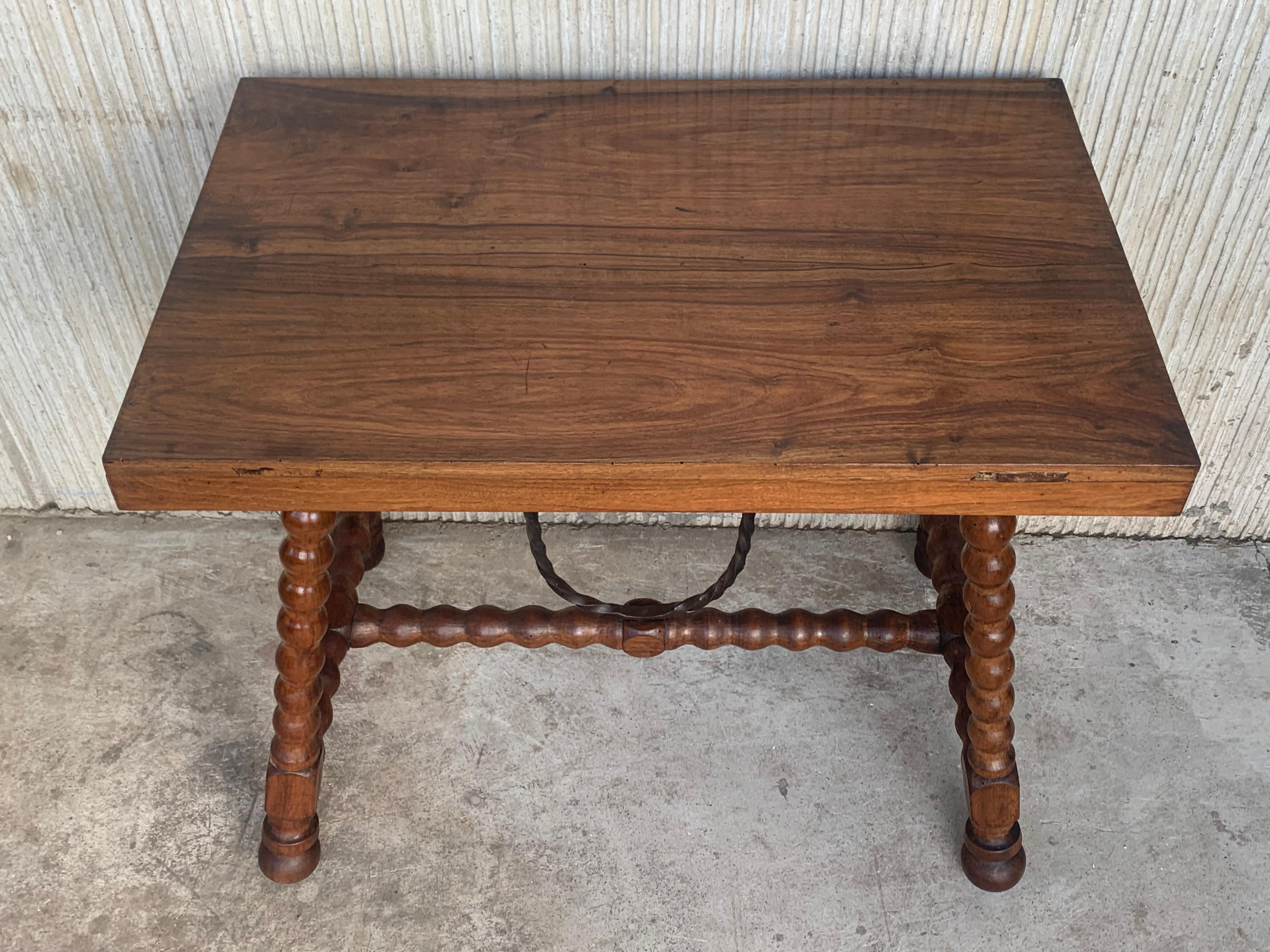 19th Spanish Walnut Side Table with Lyre Legs, Flat Top and Iron Stretcher For Sale 1