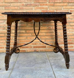 19th Spanish Walnut Side Table with Turned Legs and Beleveled Top