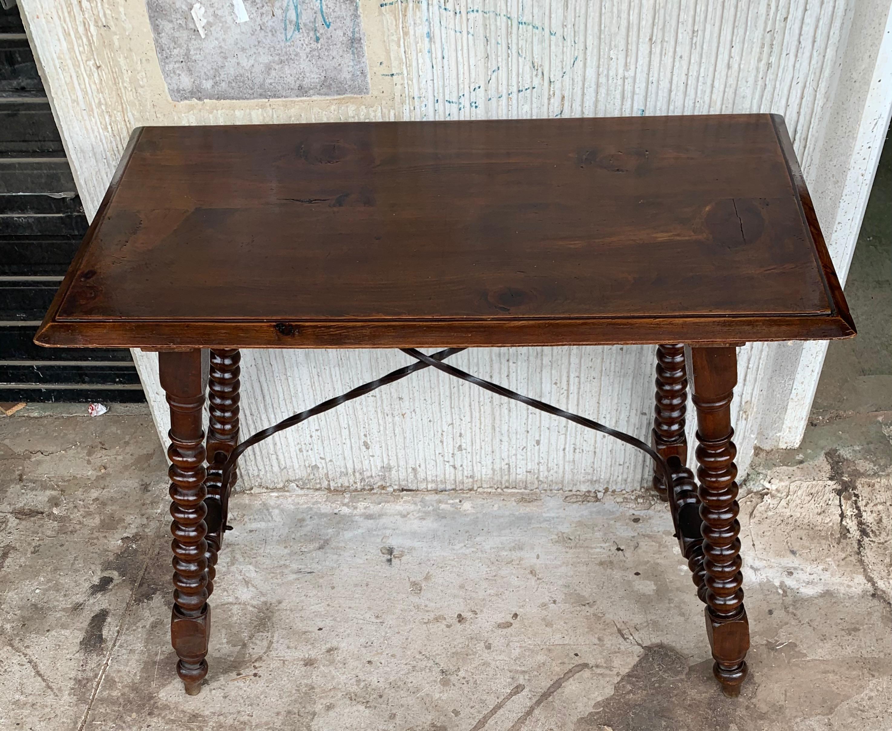Carved 19th Spanish Walnut Side Table with Turned Legs and Beleveled Top