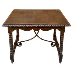 19th Spanish Walnut Side Table with Turned Legs and Beleveled Top