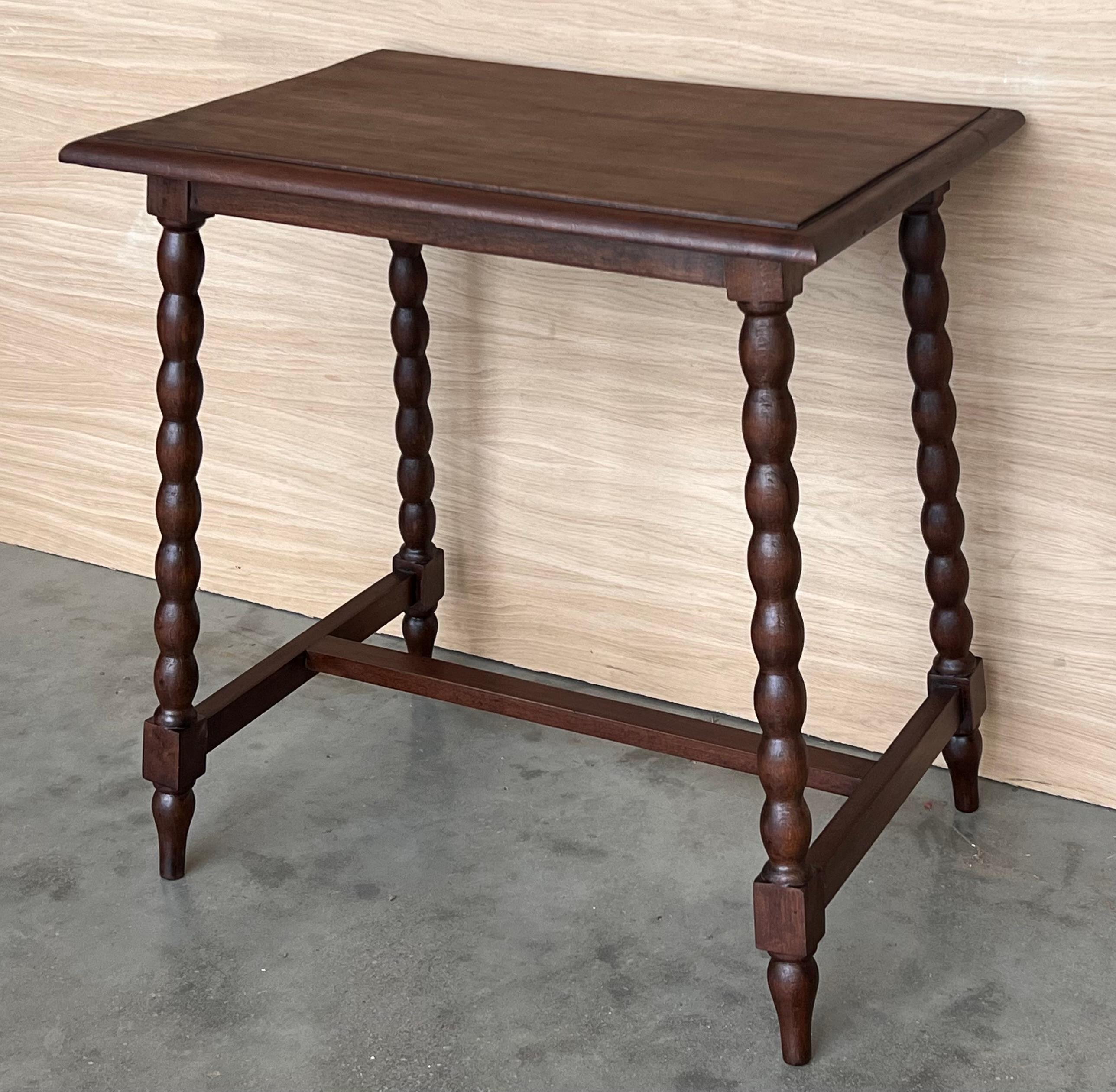 19th Spanish Walnut Side Table with Turned Legs and Iron Stretcher For Sale 7