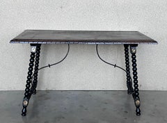 19th Spanish Walnut Side Table with Turned Legs and Iron Stretcher