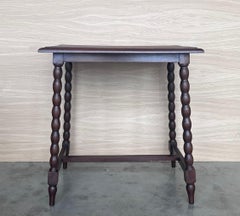 19th Spanish Walnut Side Table with Turned Legs and Iron Stretcher