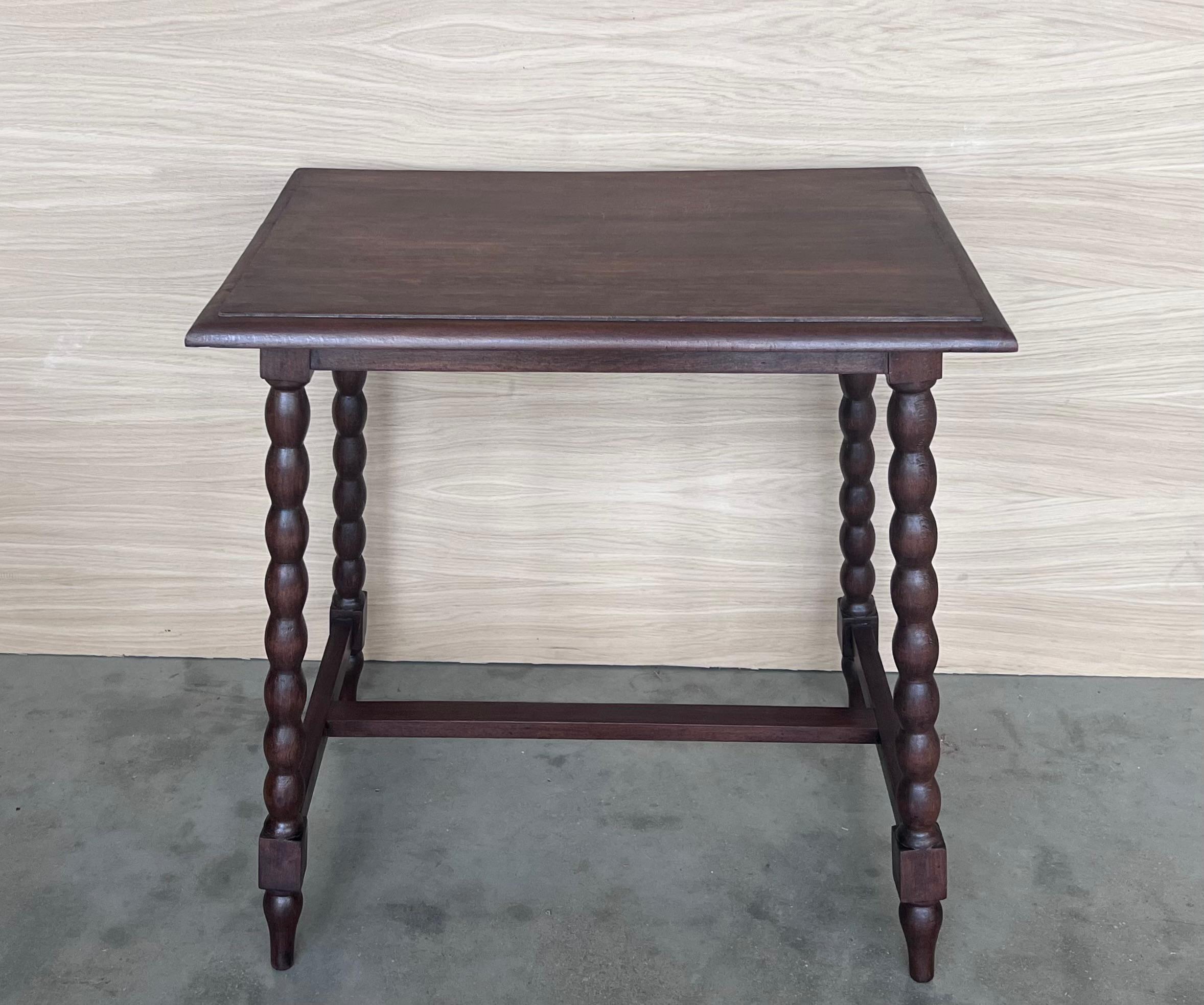Baroque 19th Spanish Walnut Side Table with Turned Legs and Iron Stretcher For Sale