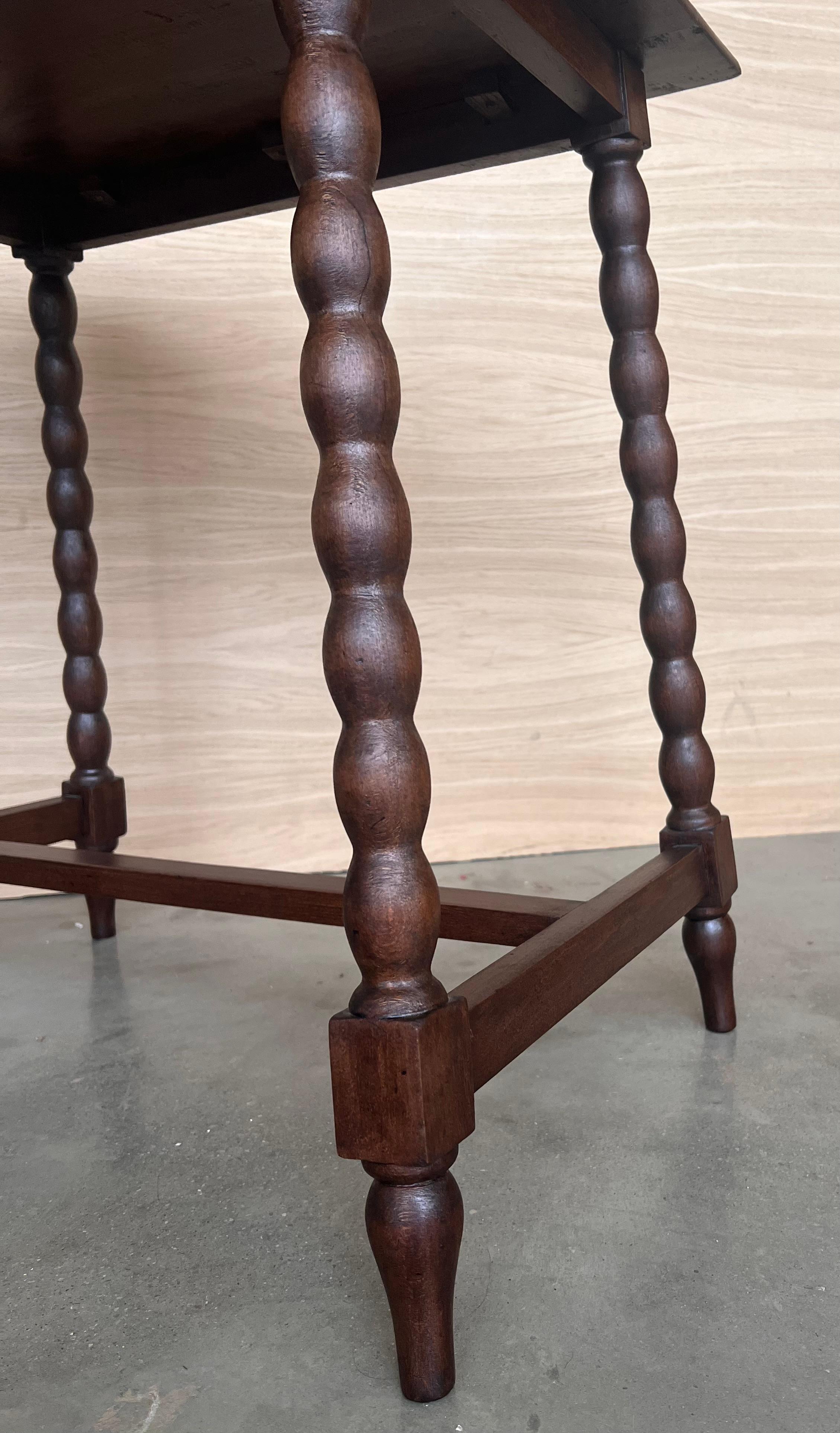 19th Century 19th Spanish Walnut Side Table with Turned Legs and Iron Stretcher For Sale
