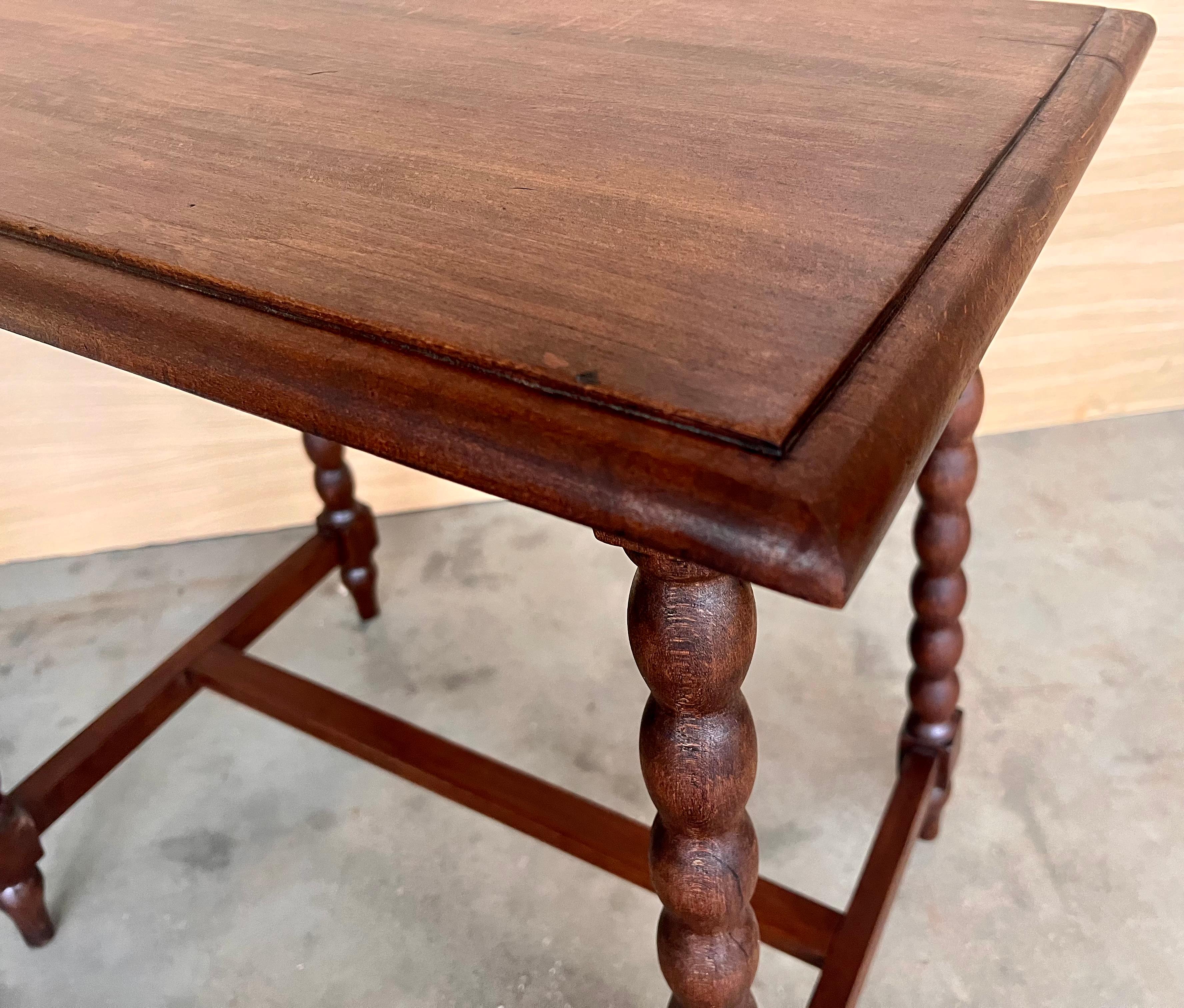 19th Spanish Walnut Side Table with Turned Legs and Iron Stretcher For Sale 1