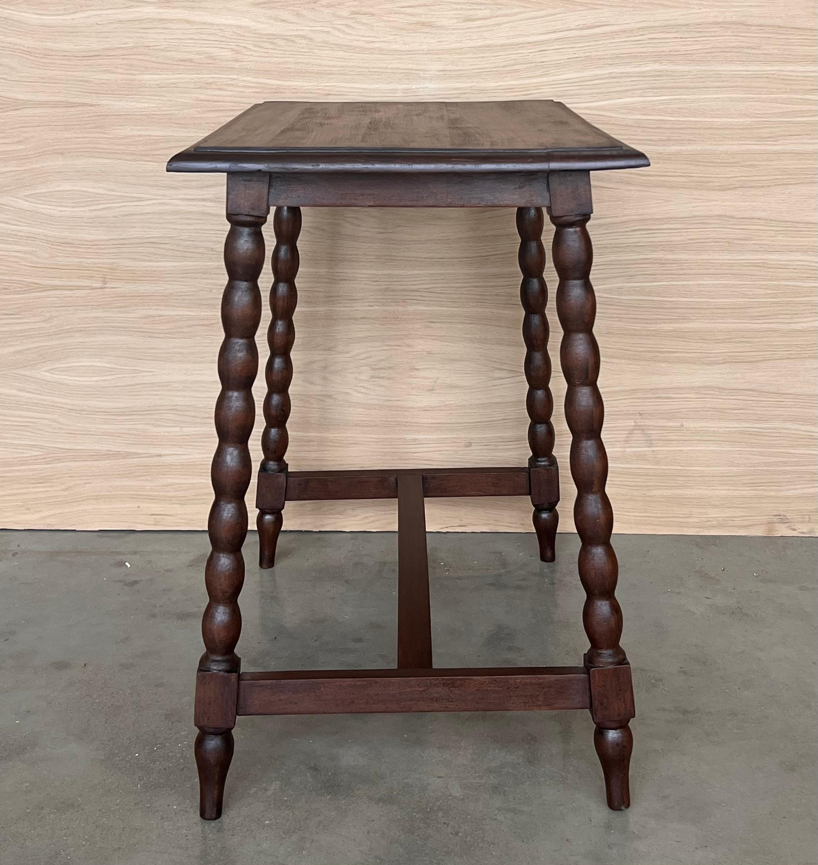 19th Spanish Walnut Side Table with Turned Legs and Iron Stretcher For Sale 2