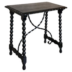 19th Spanish Walnut Side Table with Turned Legs and Iron Stretcher