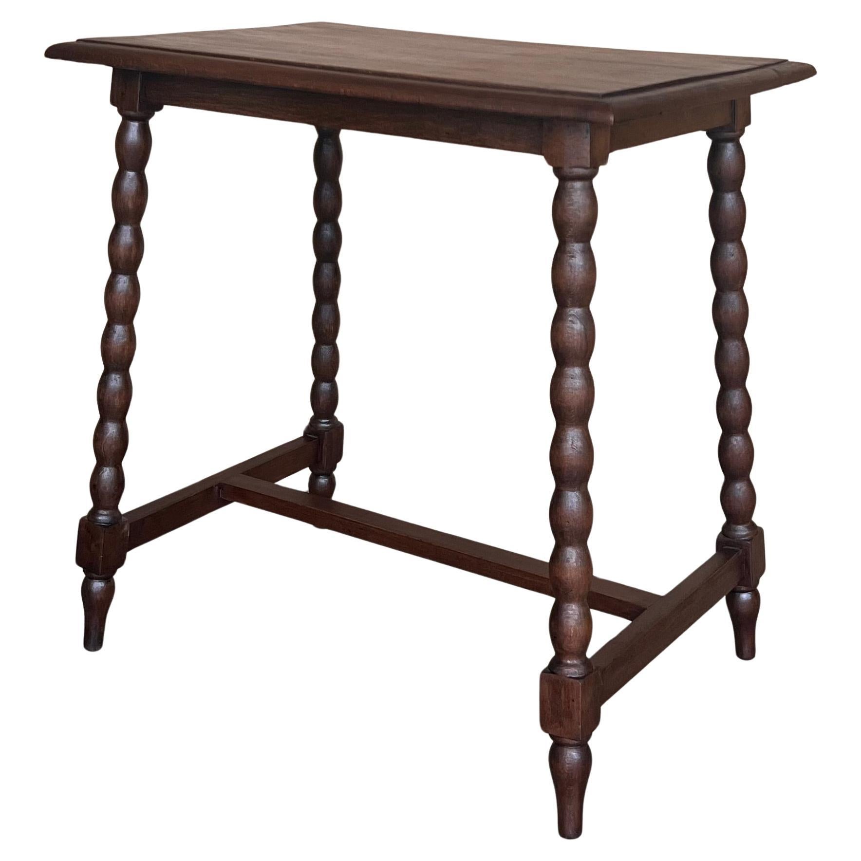 19th Spanish Walnut Side Table with Turned Legs and Iron Stretcher For Sale