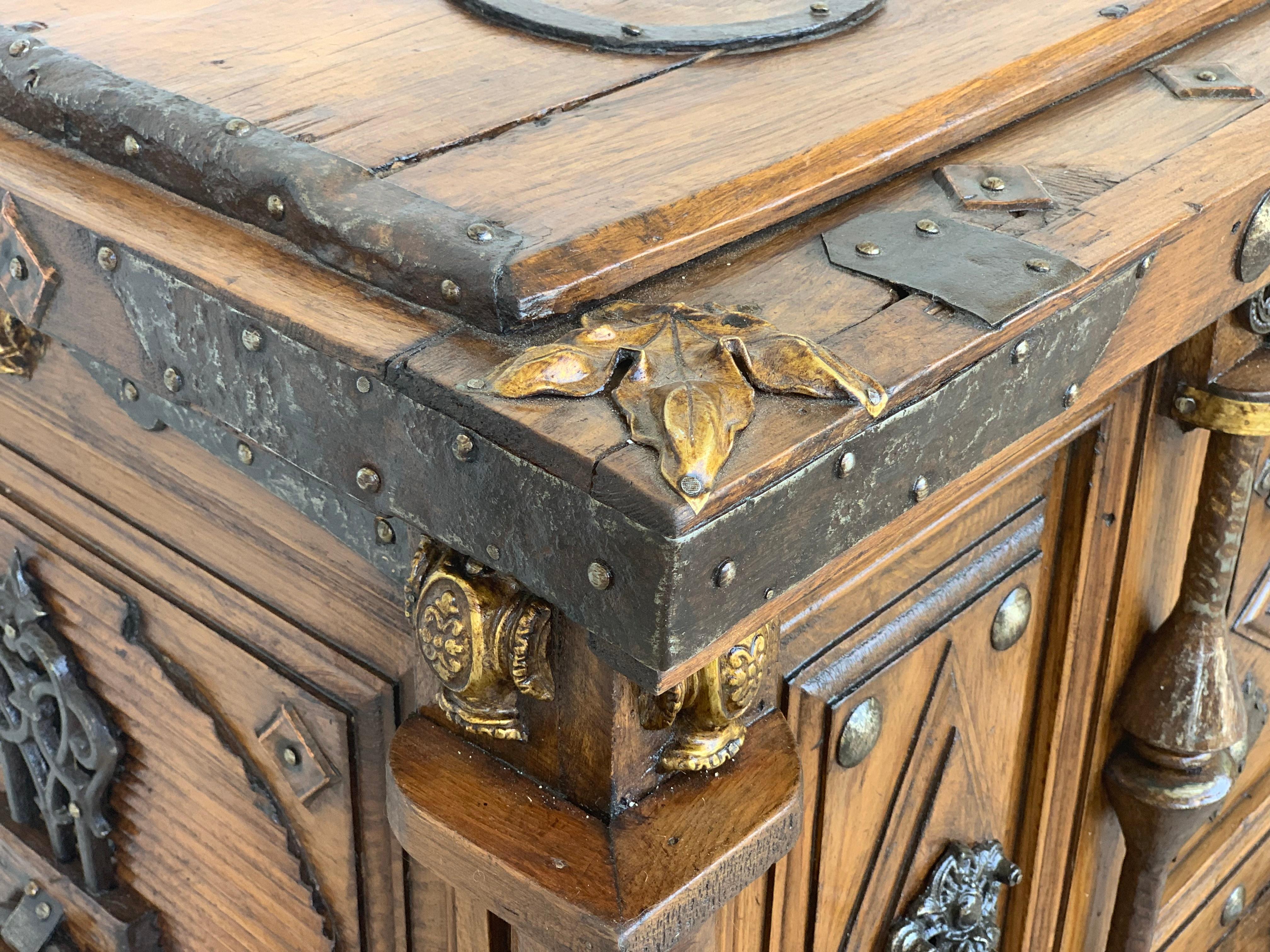 19th Century Spanish Walnut Trunk with Bronze Mounts and Decorative Nails 8