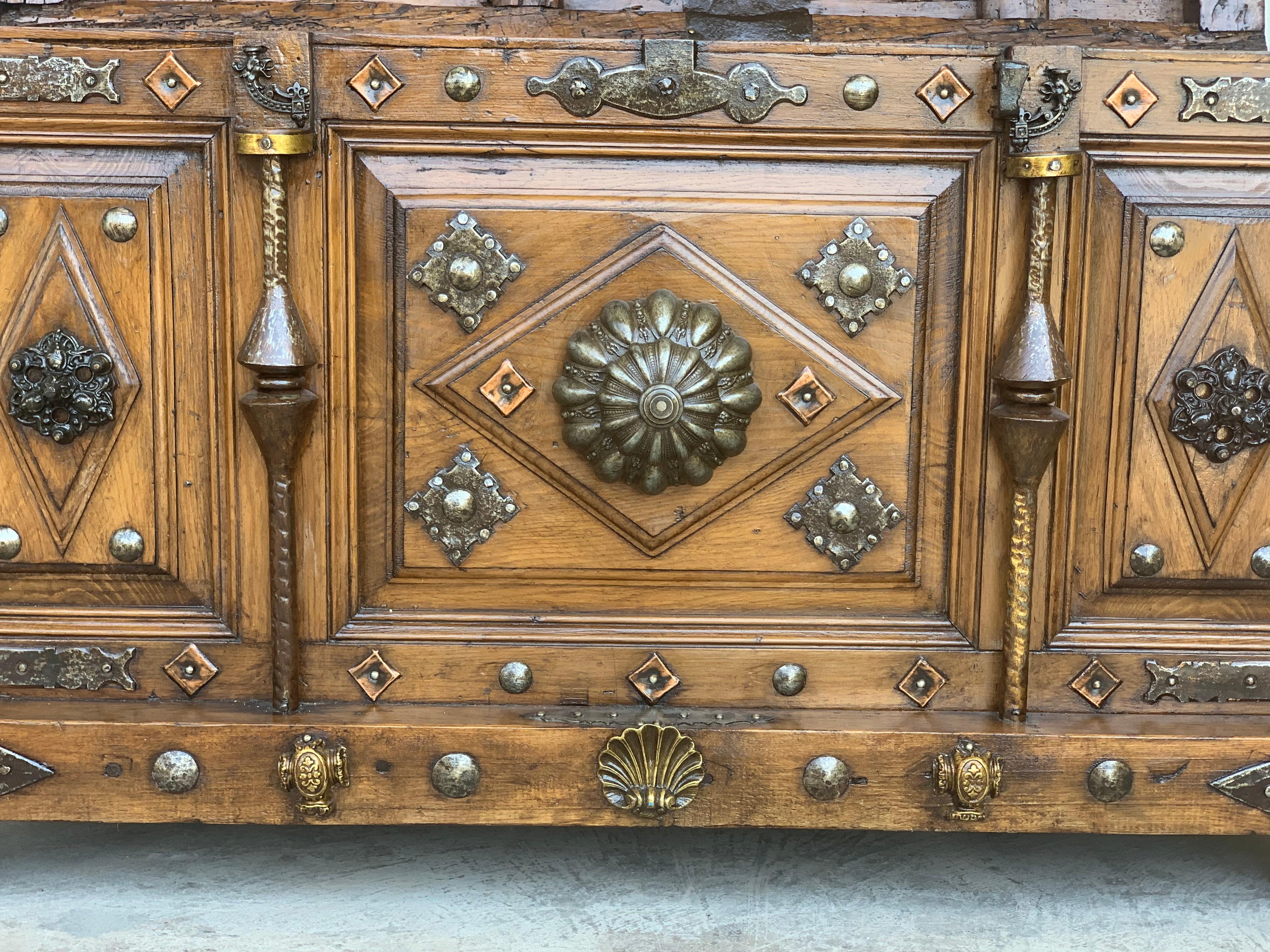 19th Century Spanish Walnut Trunk with Bronze Mounts and Decorative Nails 1