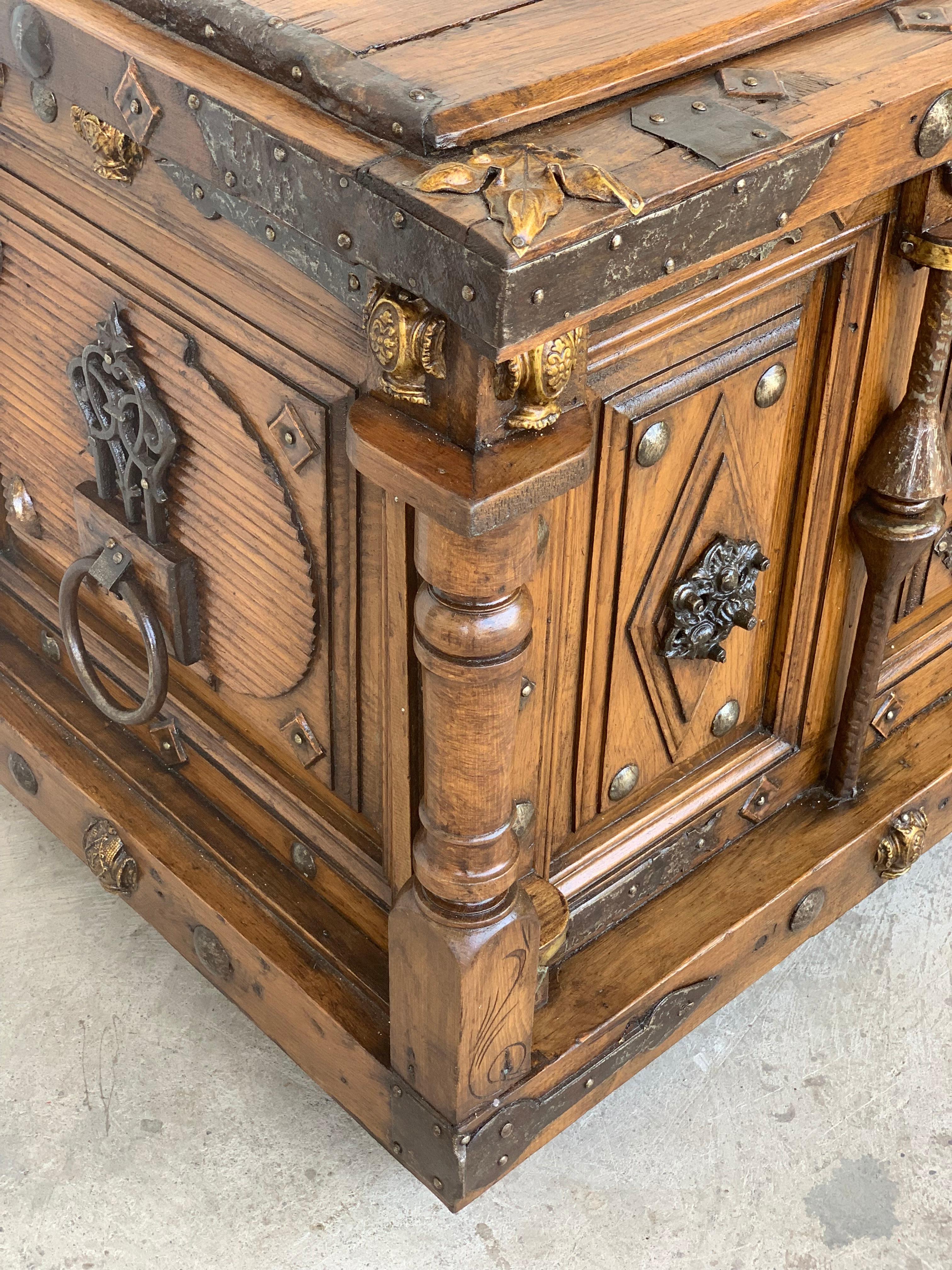 19th Century Spanish Walnut Trunk with Bronze Mounts and Decorative Nails 3