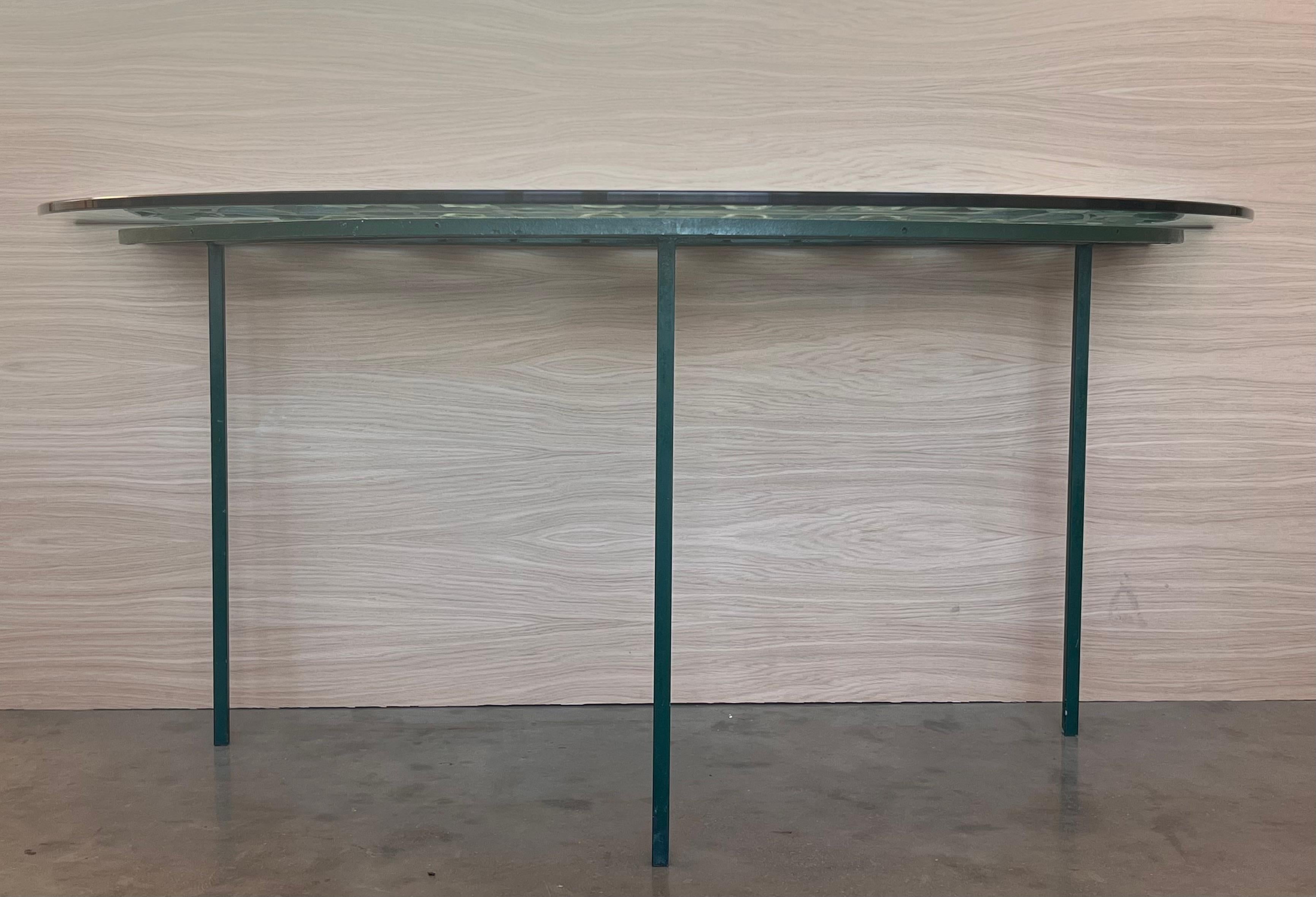 19th Spanish Wrought Iron Demilune Green Console Table In Good Condition For Sale In Miami, FL