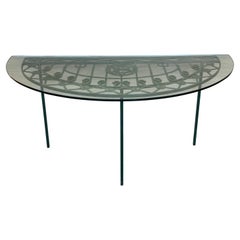 Table console espagnole du 19e siècle en fer forgé vert demi-lune