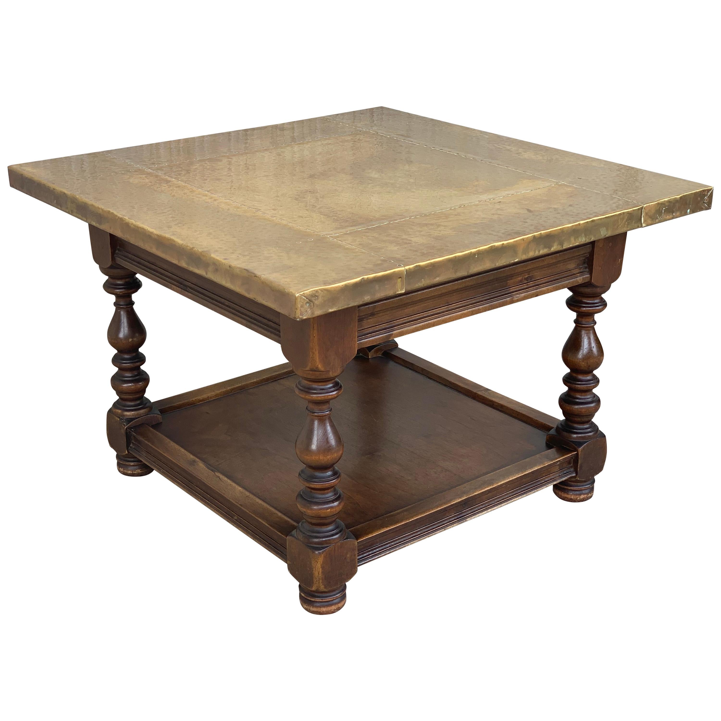 19th Spanish Zinc Top Coffe or Center Table with Turned Legs and Lower Tray For Sale