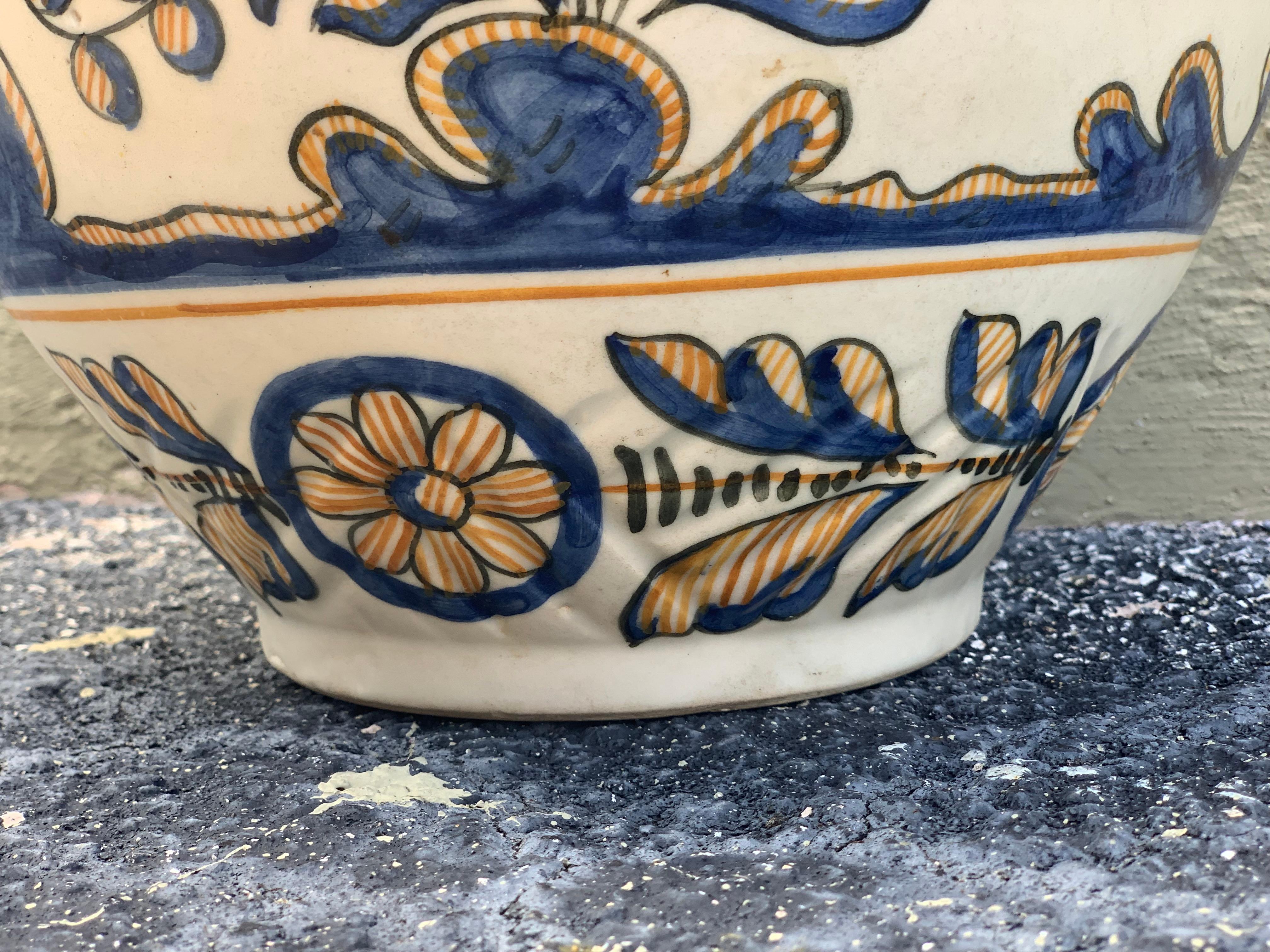 Striking Continental Glazed Earthenware Blue and Yellow Painted Urn, Talavera For Sale 3