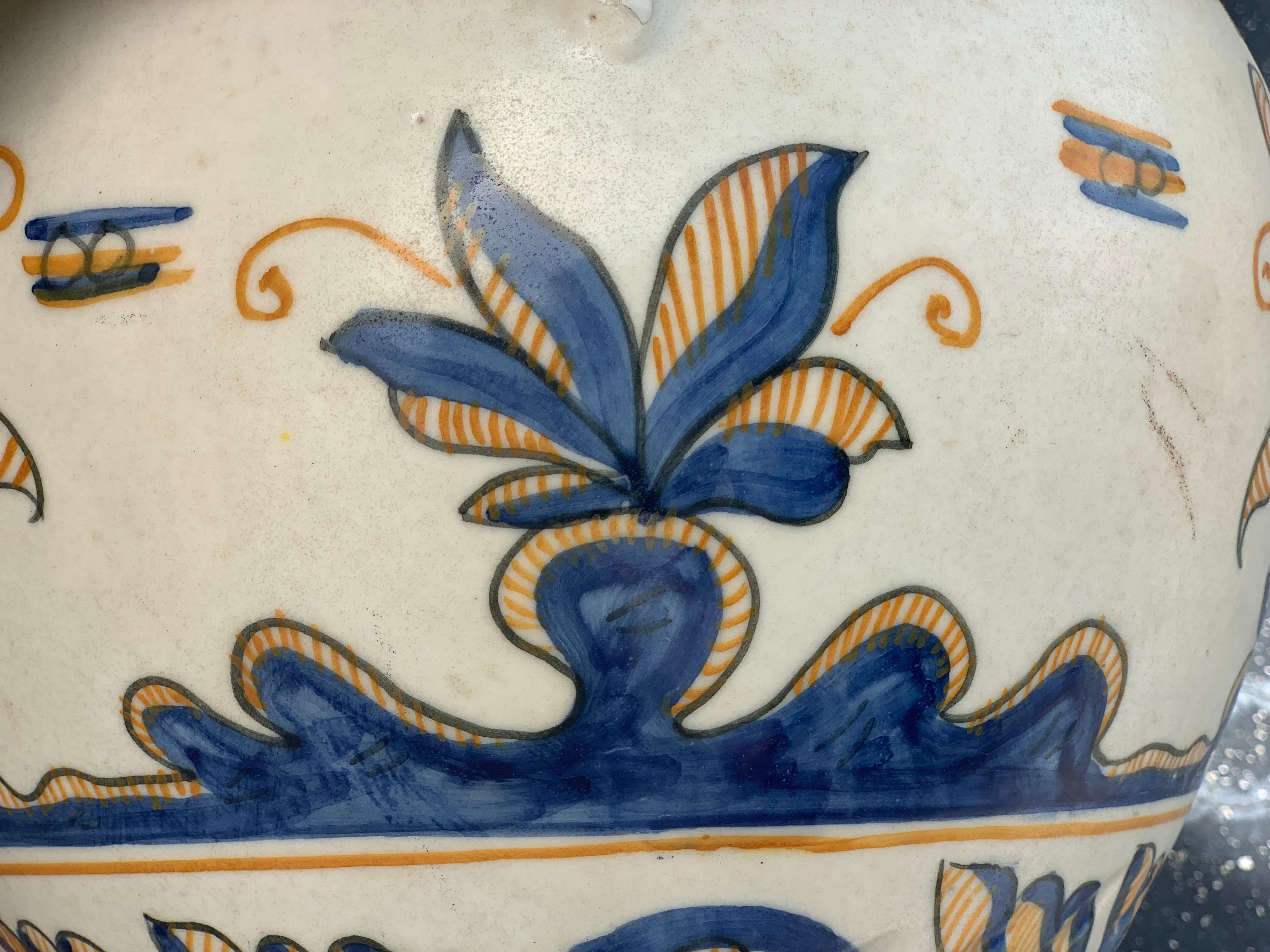 Striking Continental Glazed Earthenware Blue and Yellow Painted Urn, Talavera For Sale 4
