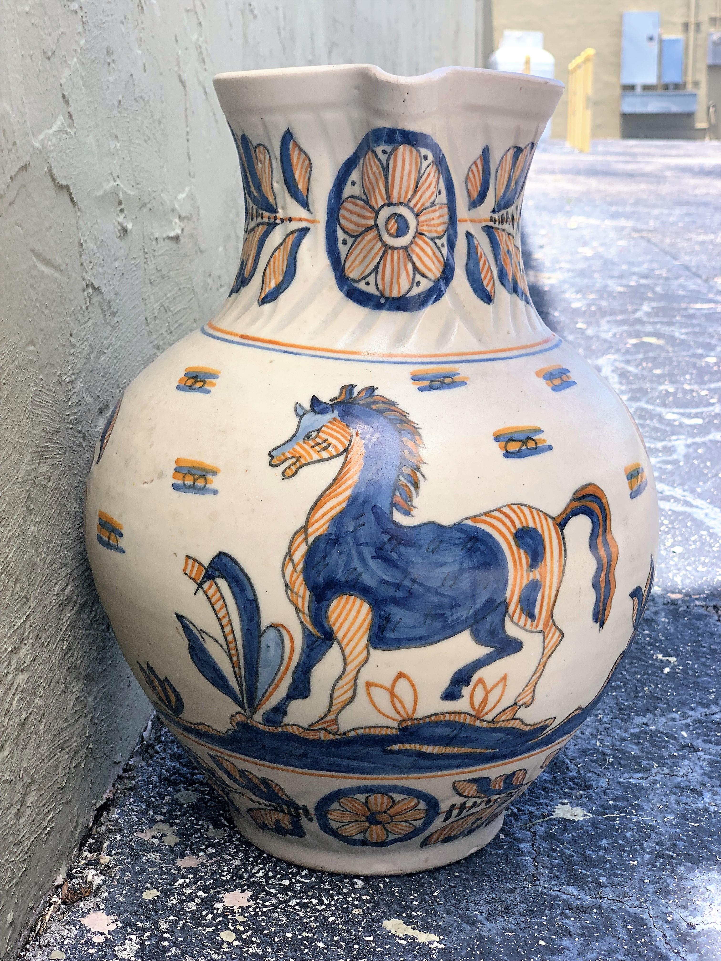Baroque Striking Continental Glazed Earthenware Blue and Yellow Painted Urn, Talavera For Sale