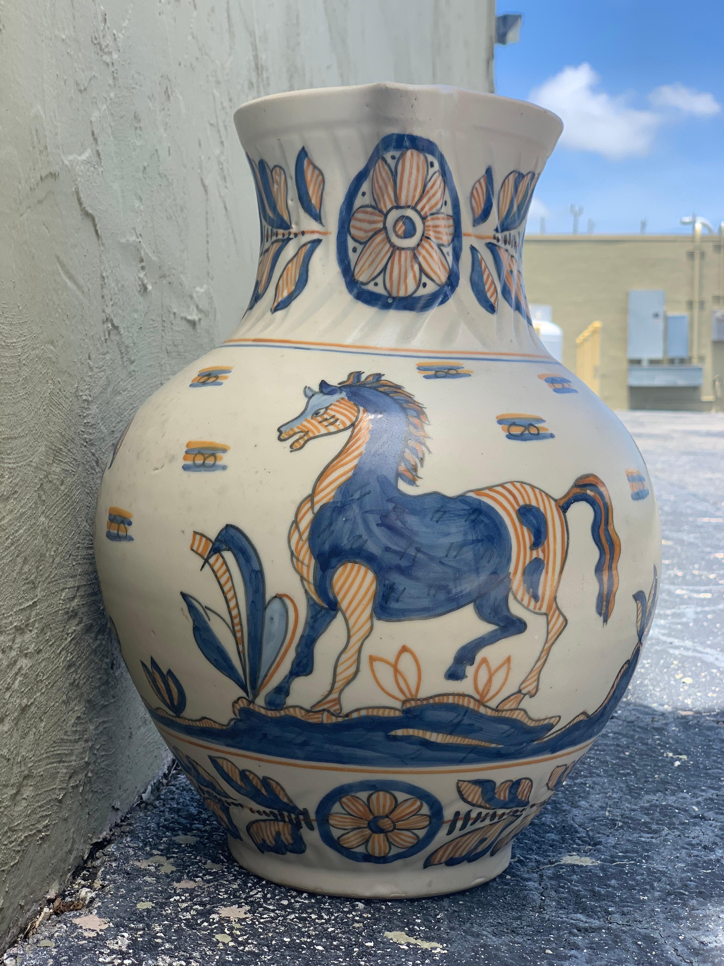 Striking Continental Glazed Earthenware Blue and Yellow Painted Urn, Talavera In Good Condition For Sale In Miami, FL