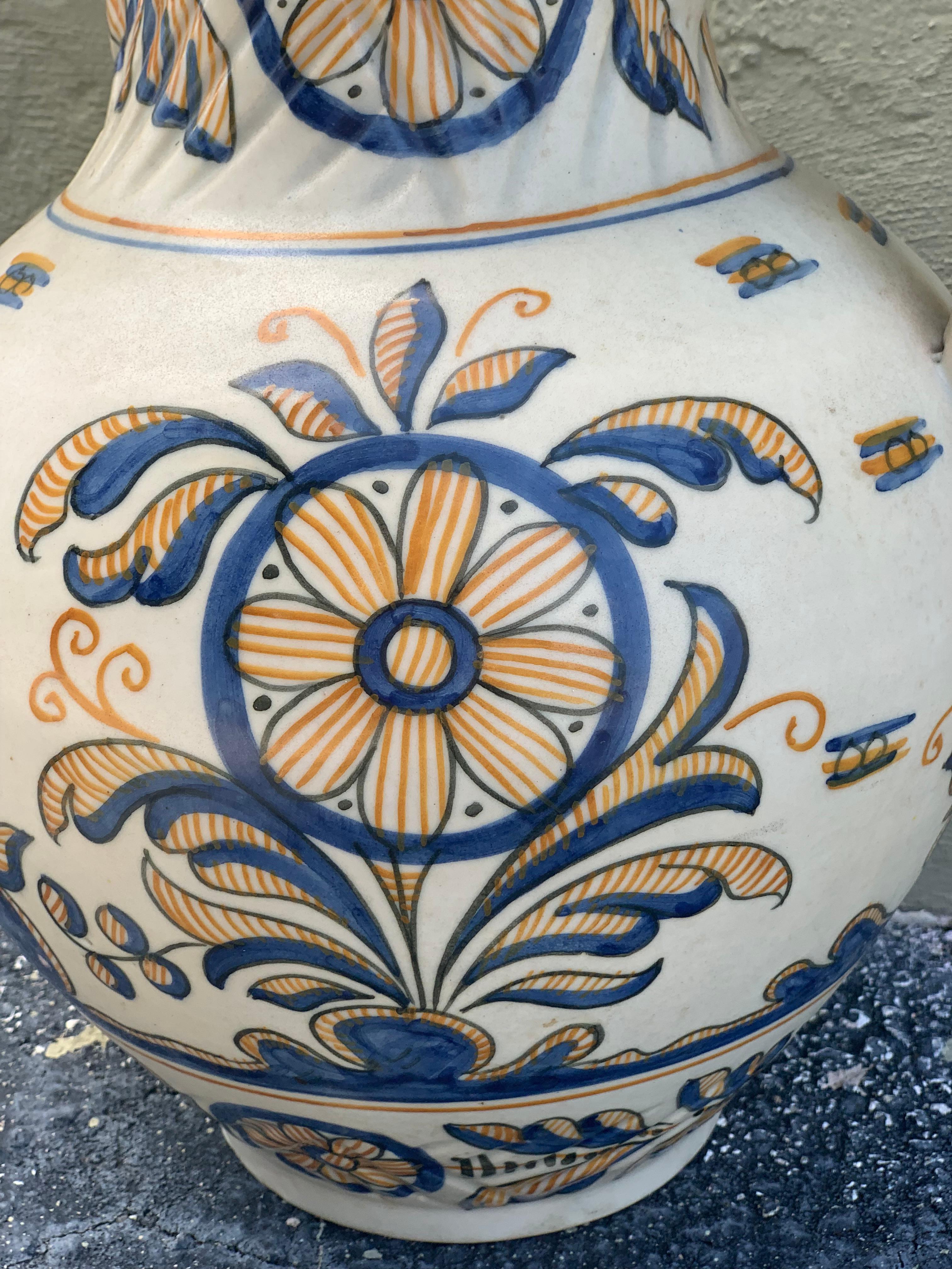 Striking Continental Glazed Earthenware Blue and Yellow Painted Urn, Talavera For Sale 1